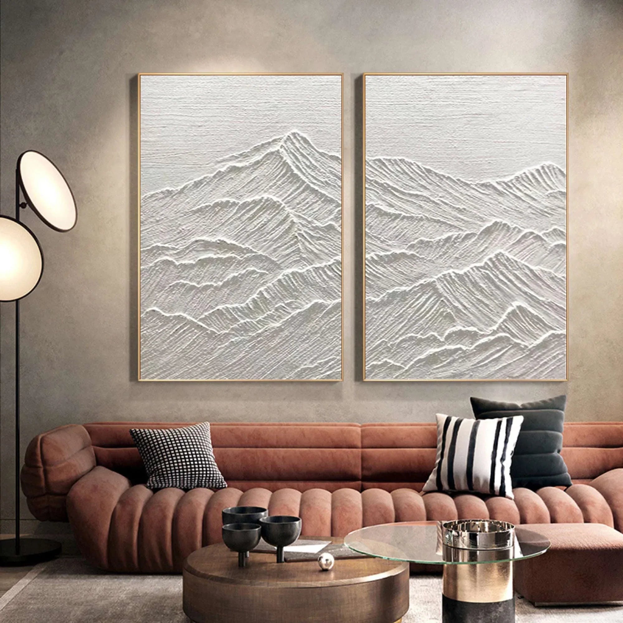 Monochrome Reflections SET OF 2-Handmade Relief Symmetrical Mountain Texture Wall Art - artextured