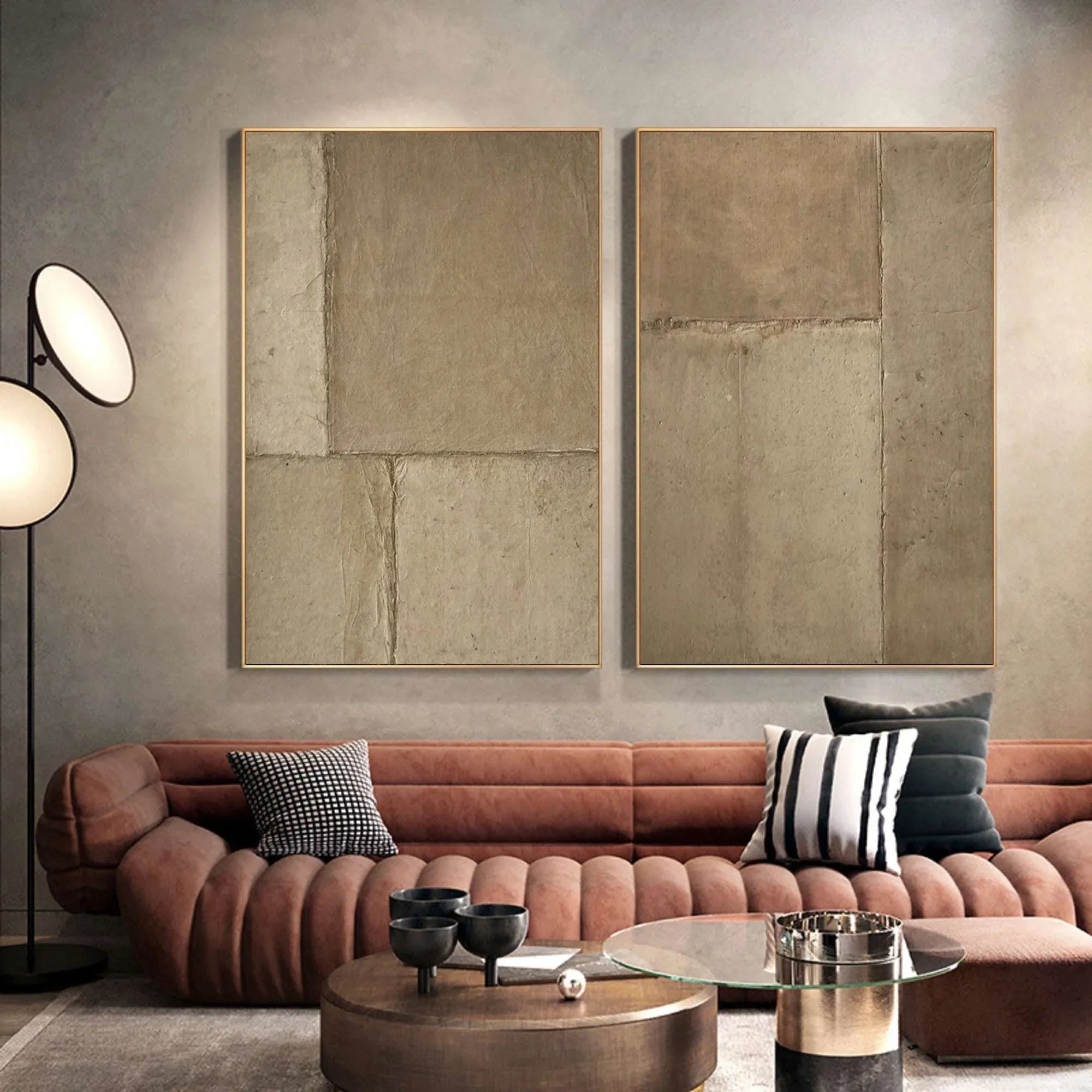 Rustic Harmony-Modern Hand Painted Geometric Light Brown Diptych Abstract Wall Art - artextured