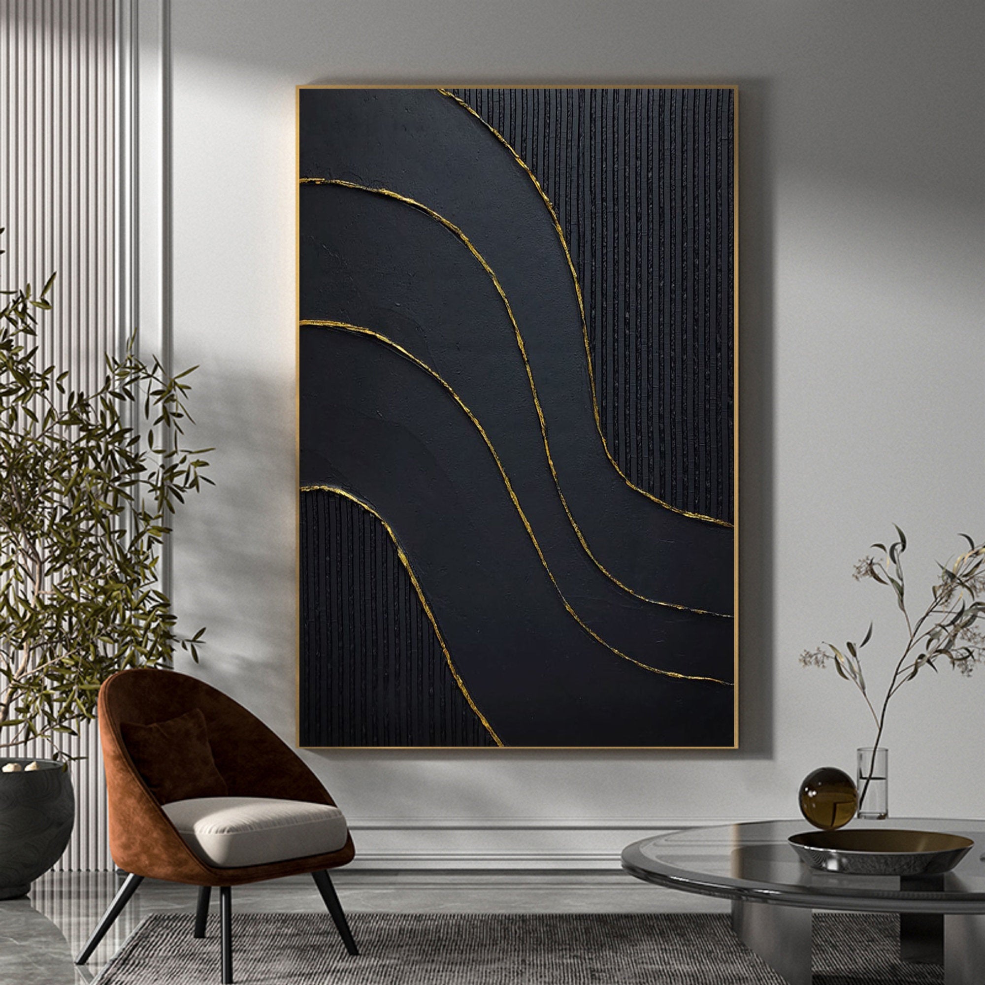 Golden Flow-Modern Minimalist Black and Gold Curved Texture Abstract Wall Art