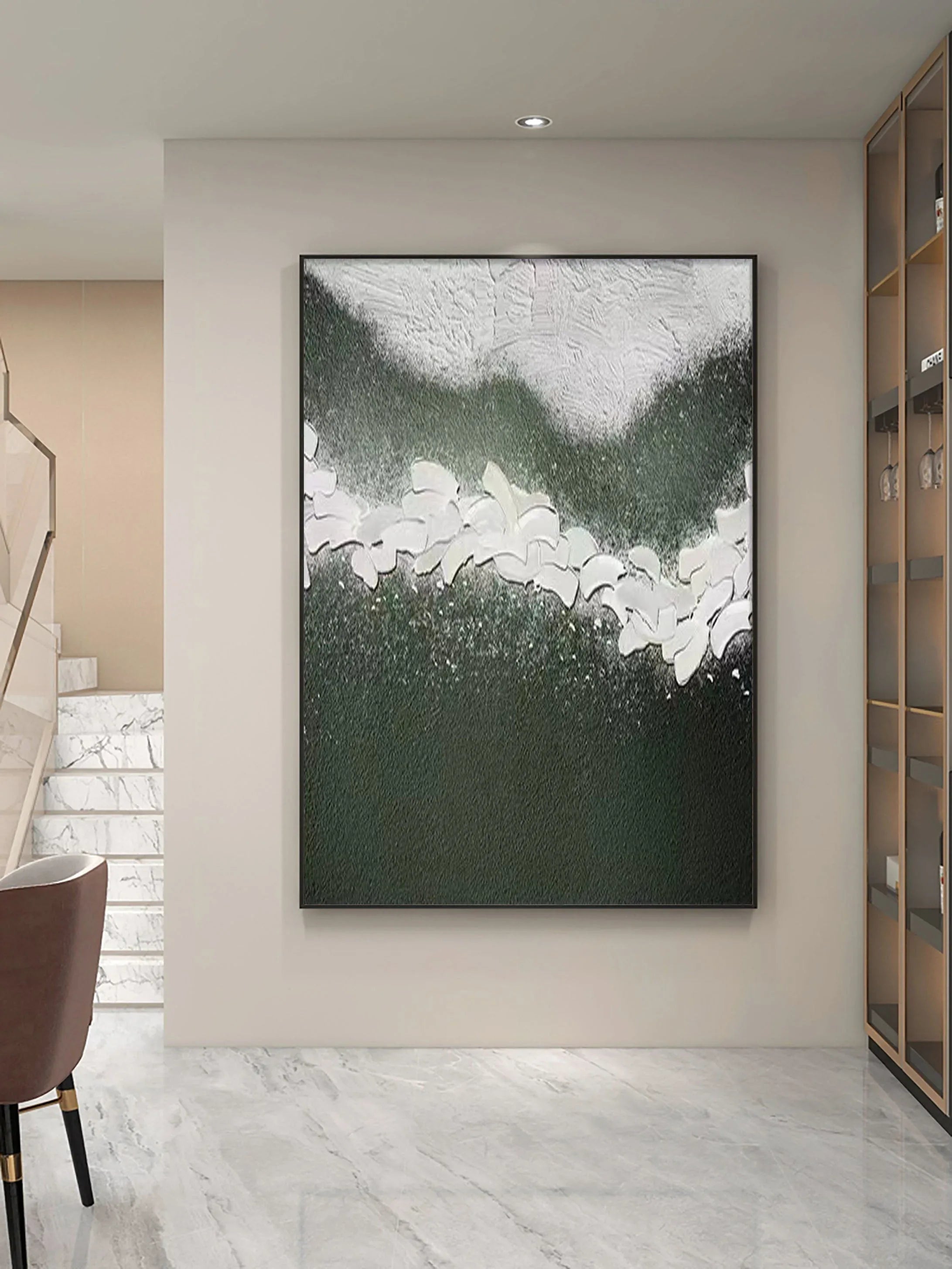 Whispering Blooms-Vertical Green and White Texture Petal Abstract Wall Art - artextured