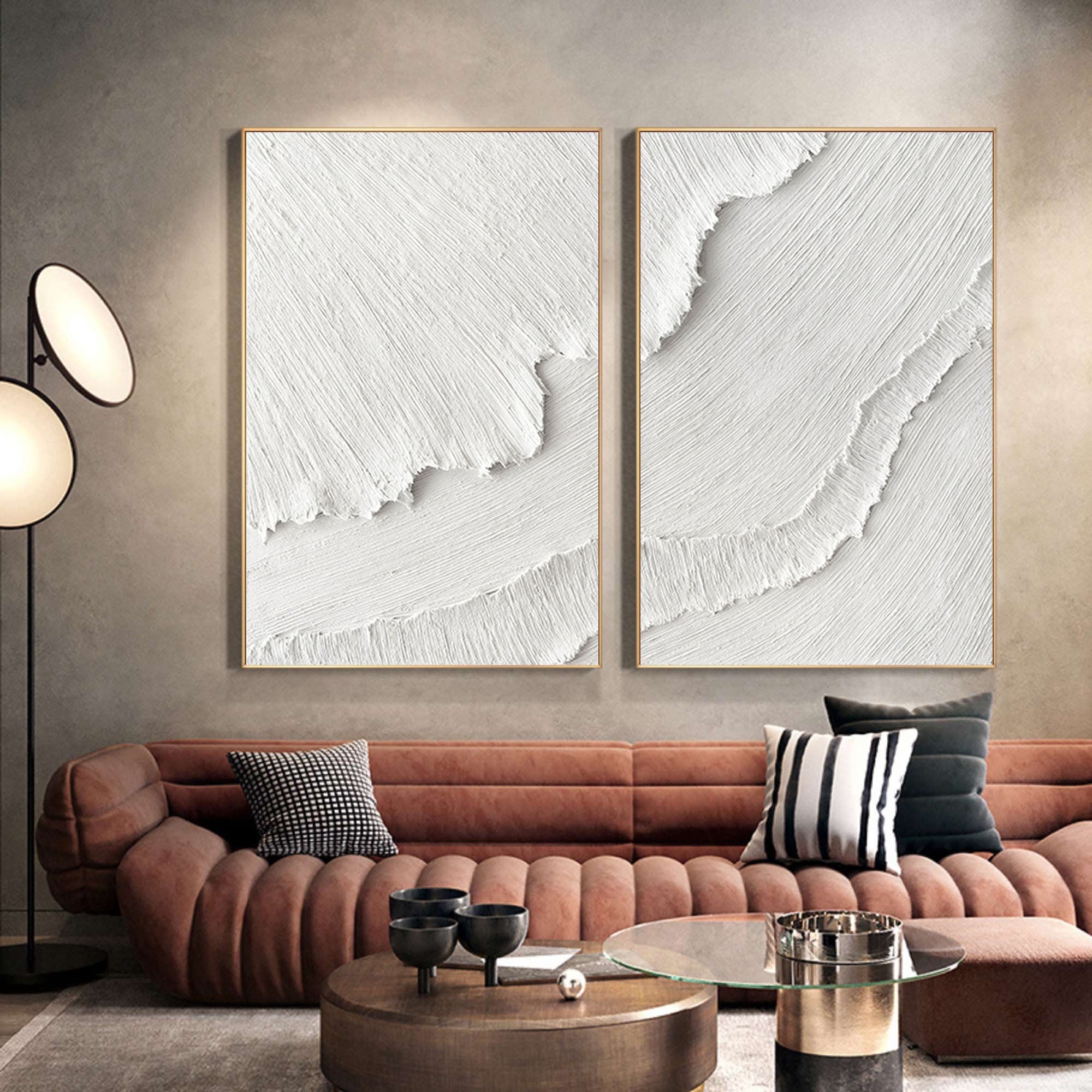 White Plaster 3D Textured Minimalist Abstract Art on Canvas SET OF 2