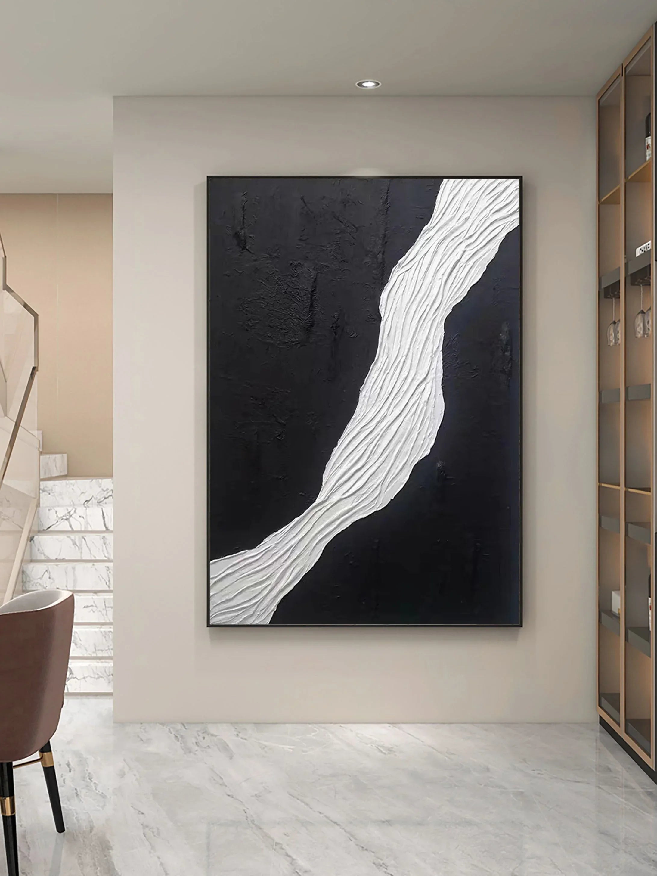 Divided Harmony-Black and White Flowing Abstract Hand-Painted Oil Painting Wall Art - artextured