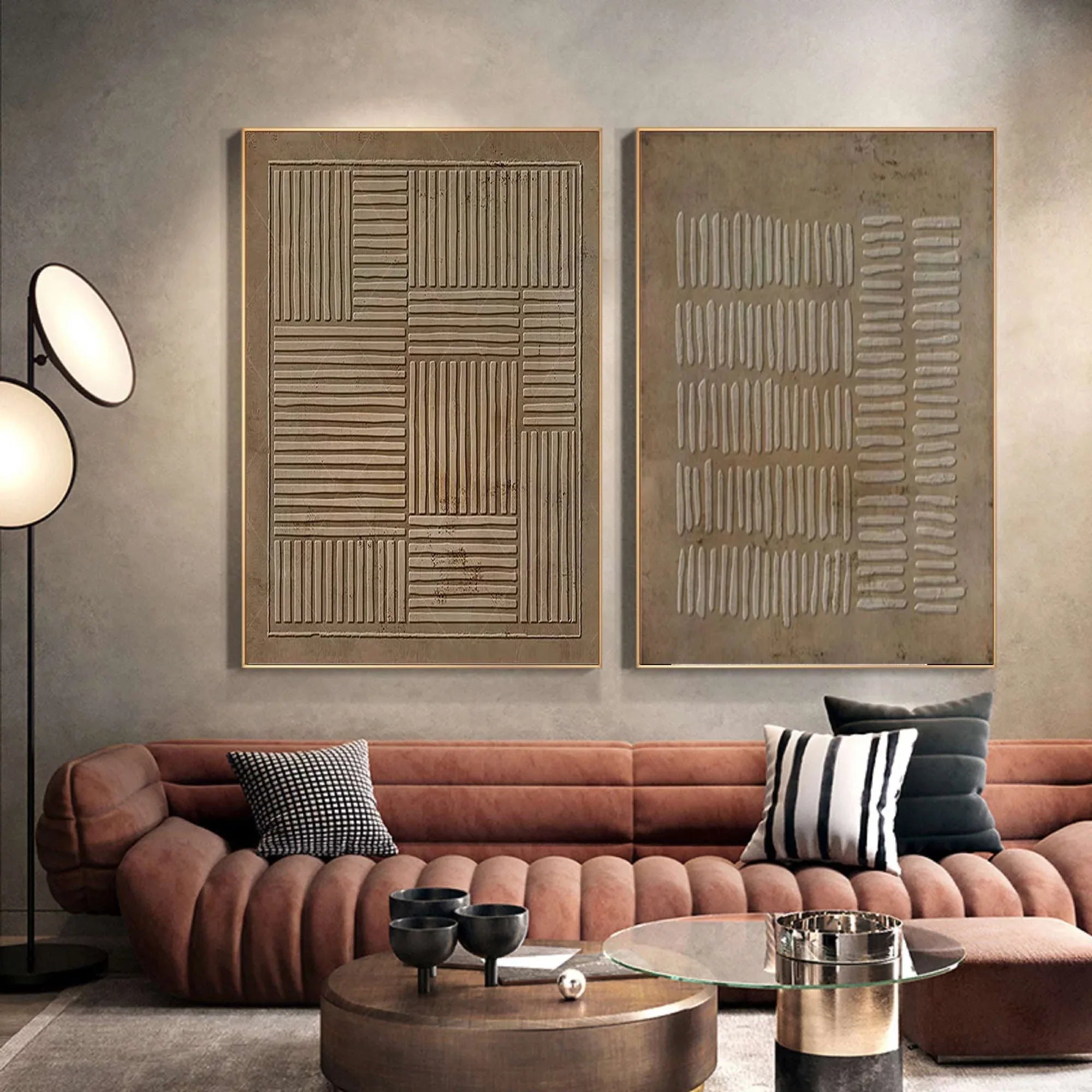 Linear Harmony SET OF 2-Handmade Geometric Vertical and Horizontal Stripes Texture Abstract Wall Art - artextured