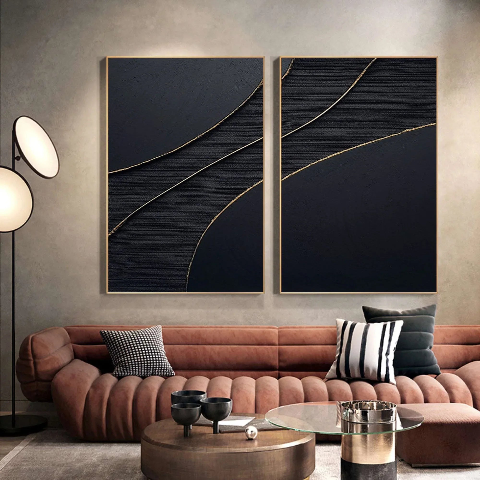 Midnight Elegance SET OF 2-Minimalist Abstract Geometric Texture Wall Art in Modern Interior Decoration - artextured