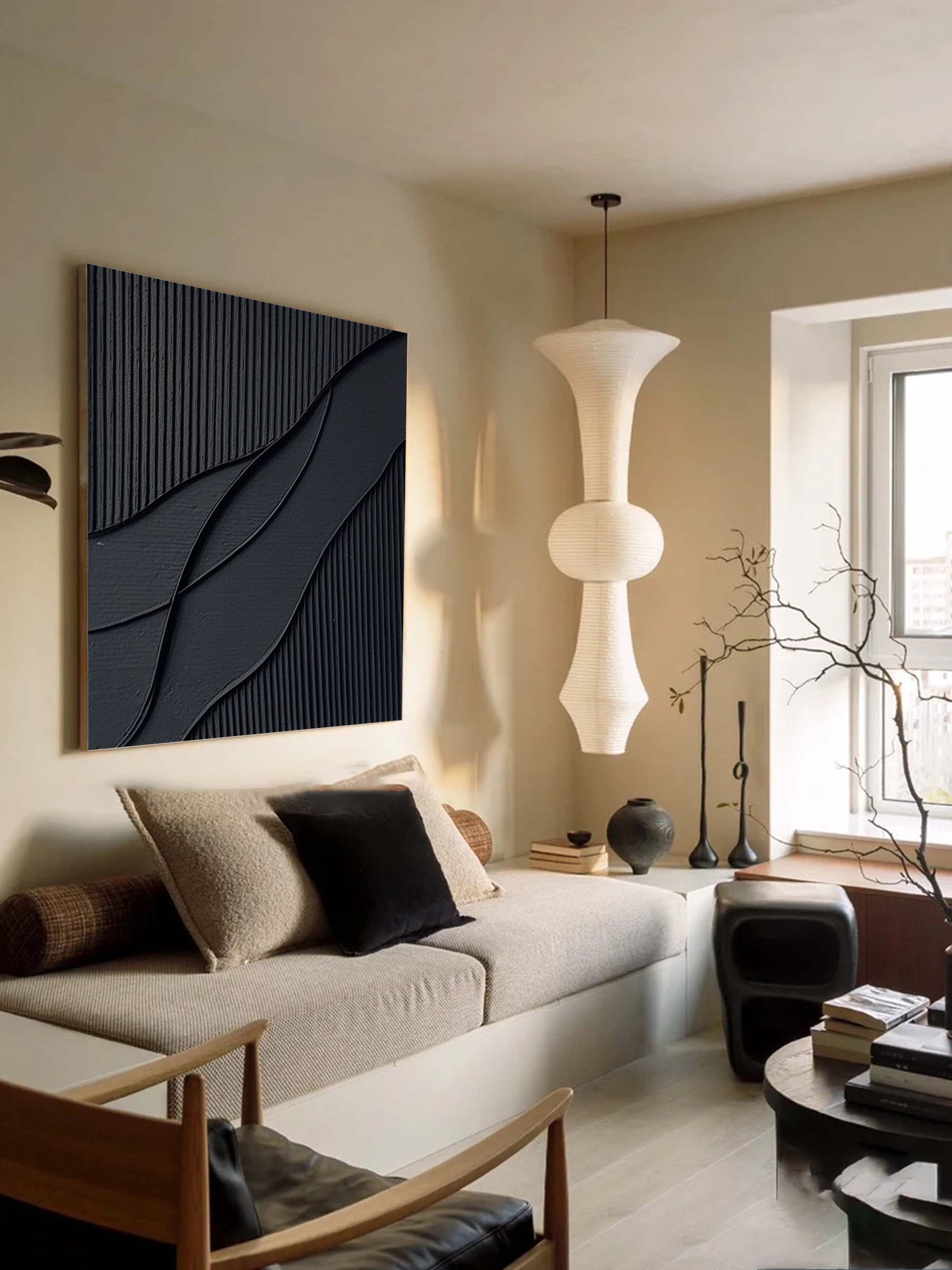 Ripple in Shadow -Black Geometric Curves and Texture Abstract Wall Art