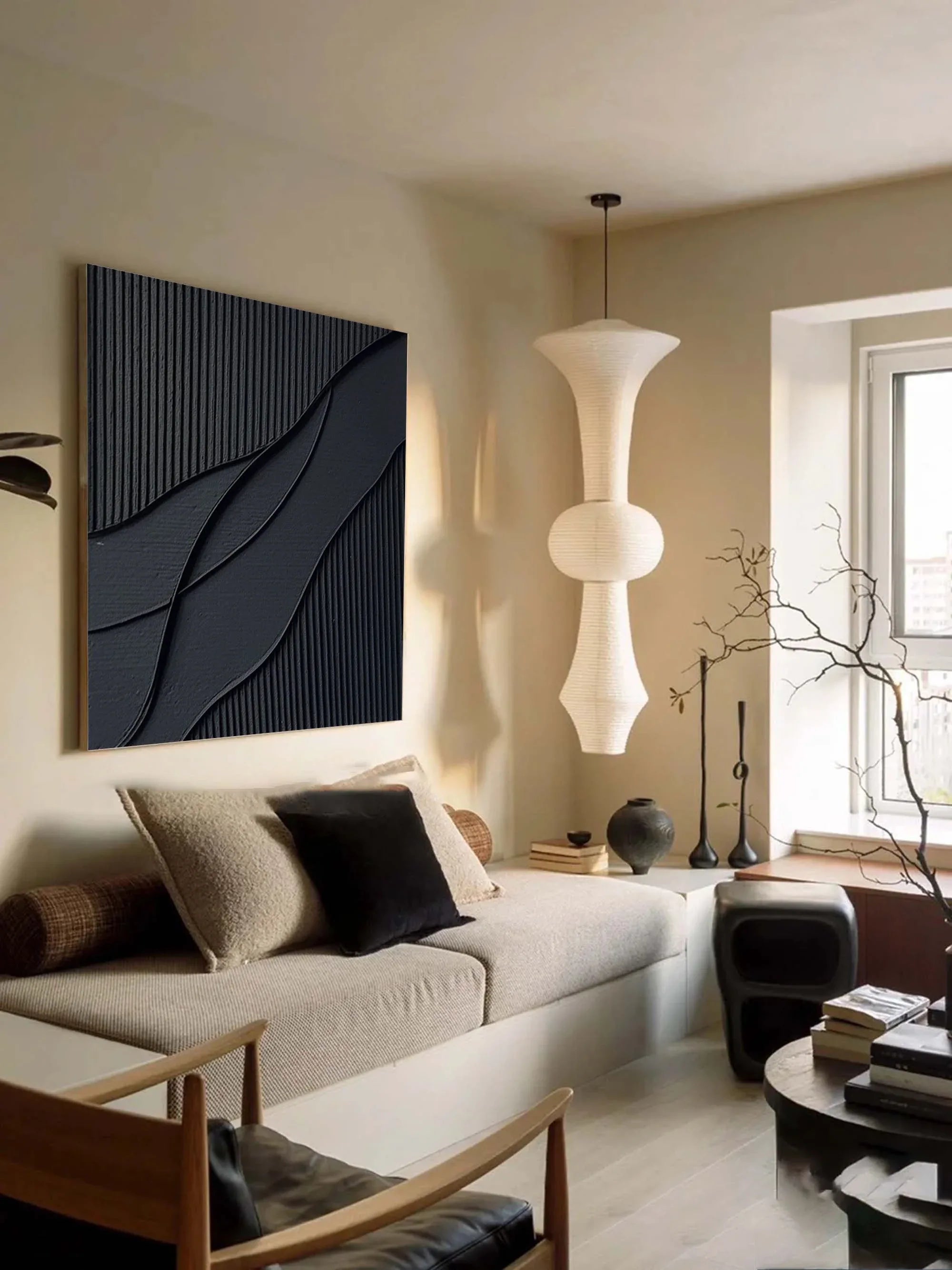 Ripple in Shadow -Black Geometric Curves and Texture Abstract Wall Art - artextured