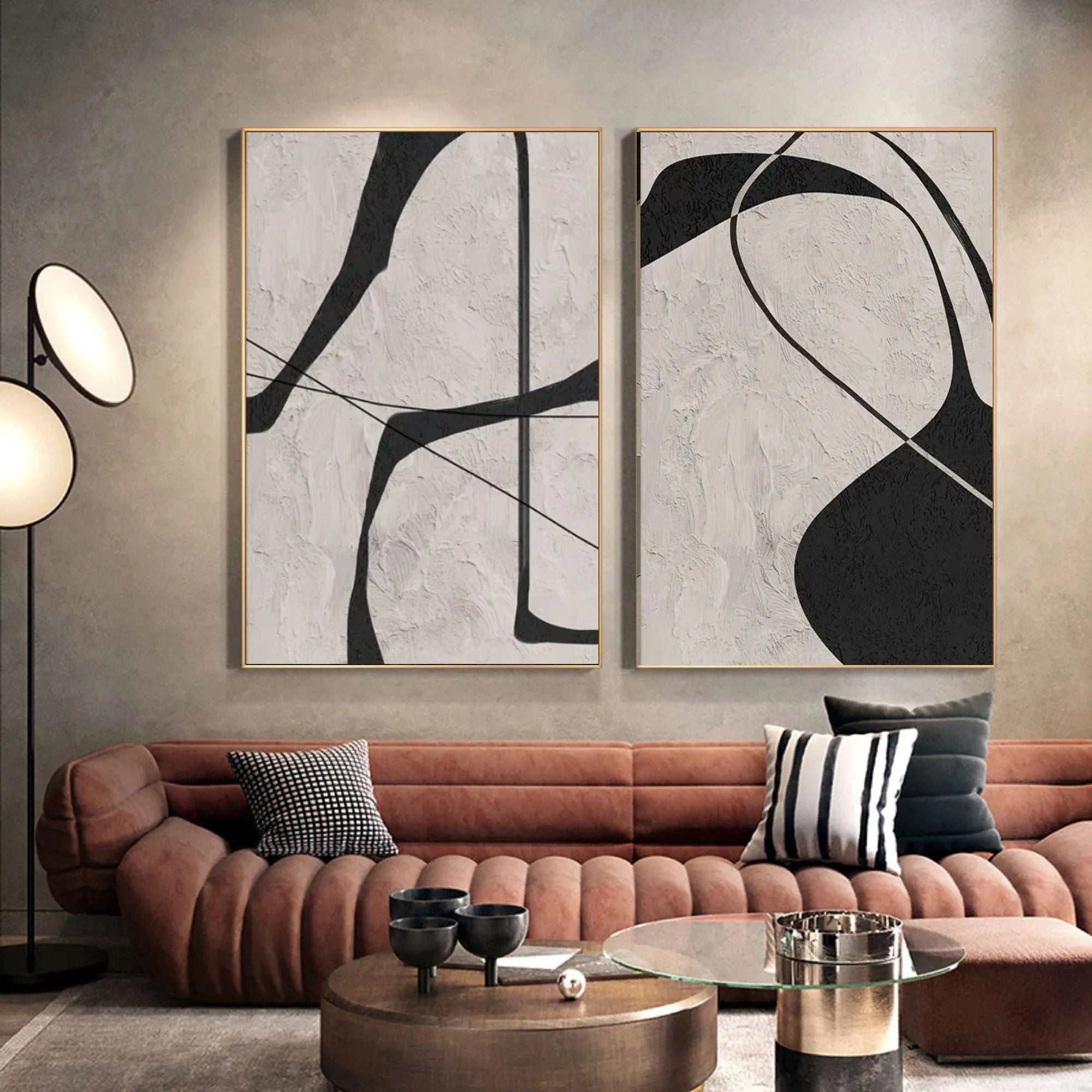 Abstract Monochrome Wall Art SET OF 2– Home Decoration Abstract Texture Lines Oil Painting - artextured