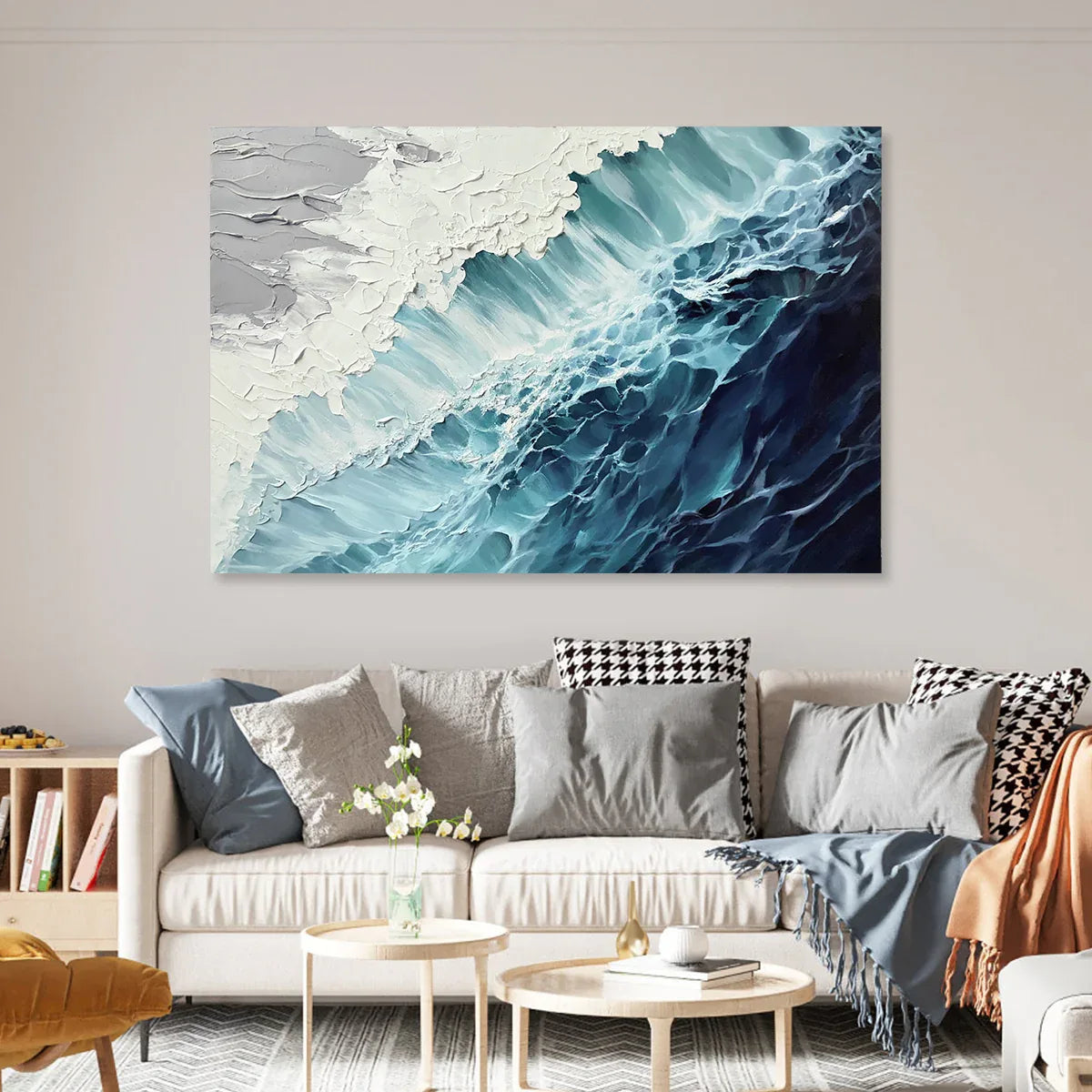 Ocean's Embrace-Modern Interior Design 3D Deep Blue Wave Abstract Wall Art - artextured