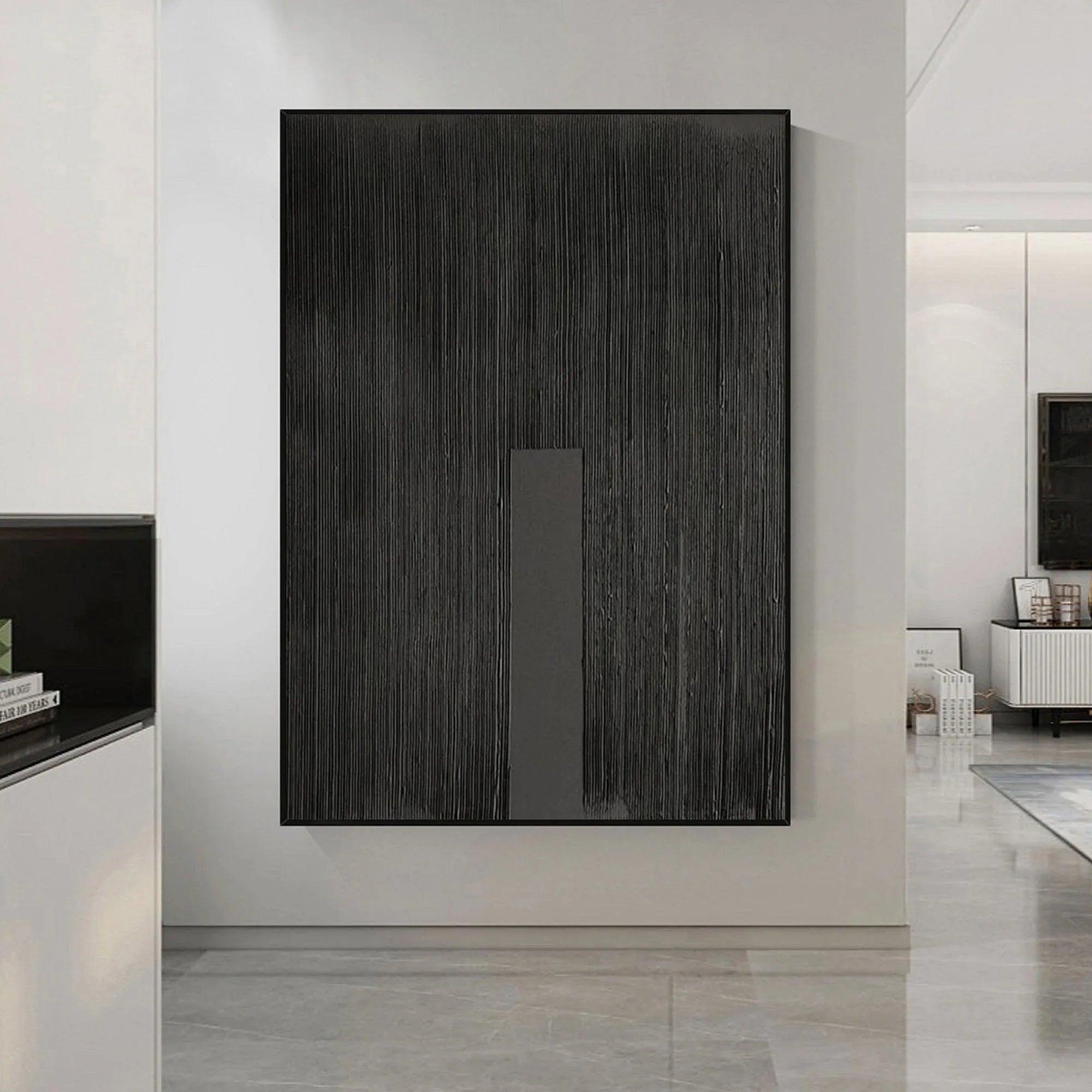 Vert Black Slab Pulse-Linear Minimalist Black Canvas with Vertical Accent - artextured