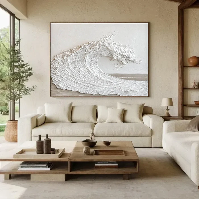 Textured White Ocean Wave-Minimalist 3D Wave Scroll Abstract Oil Painting Wall Art