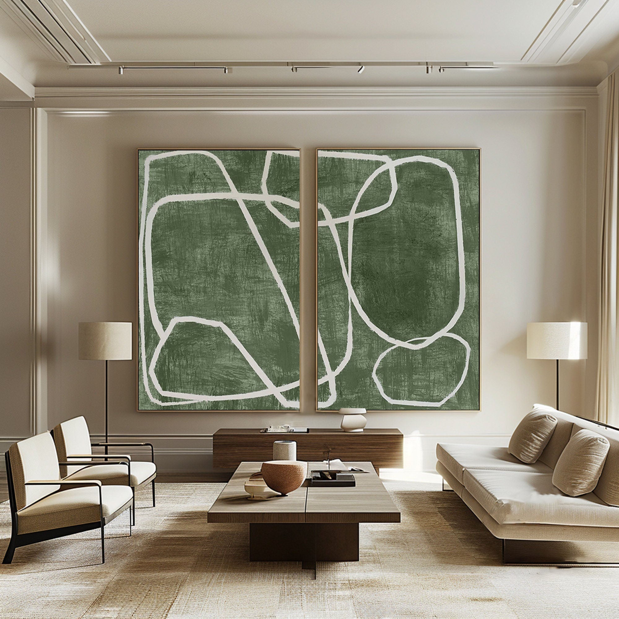 Emerald Dual Canvas Art - Geometric Minimalist Lines SET OF 2