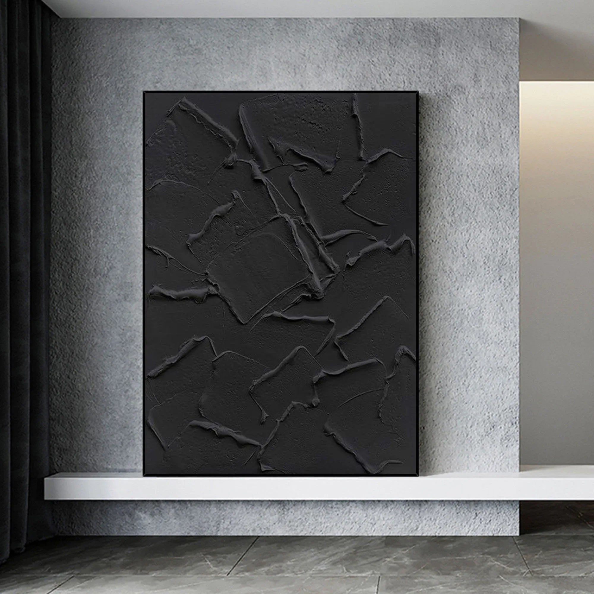 Shadow Layers-Minimalist pure black three-dimensional abstract wall art - artextured