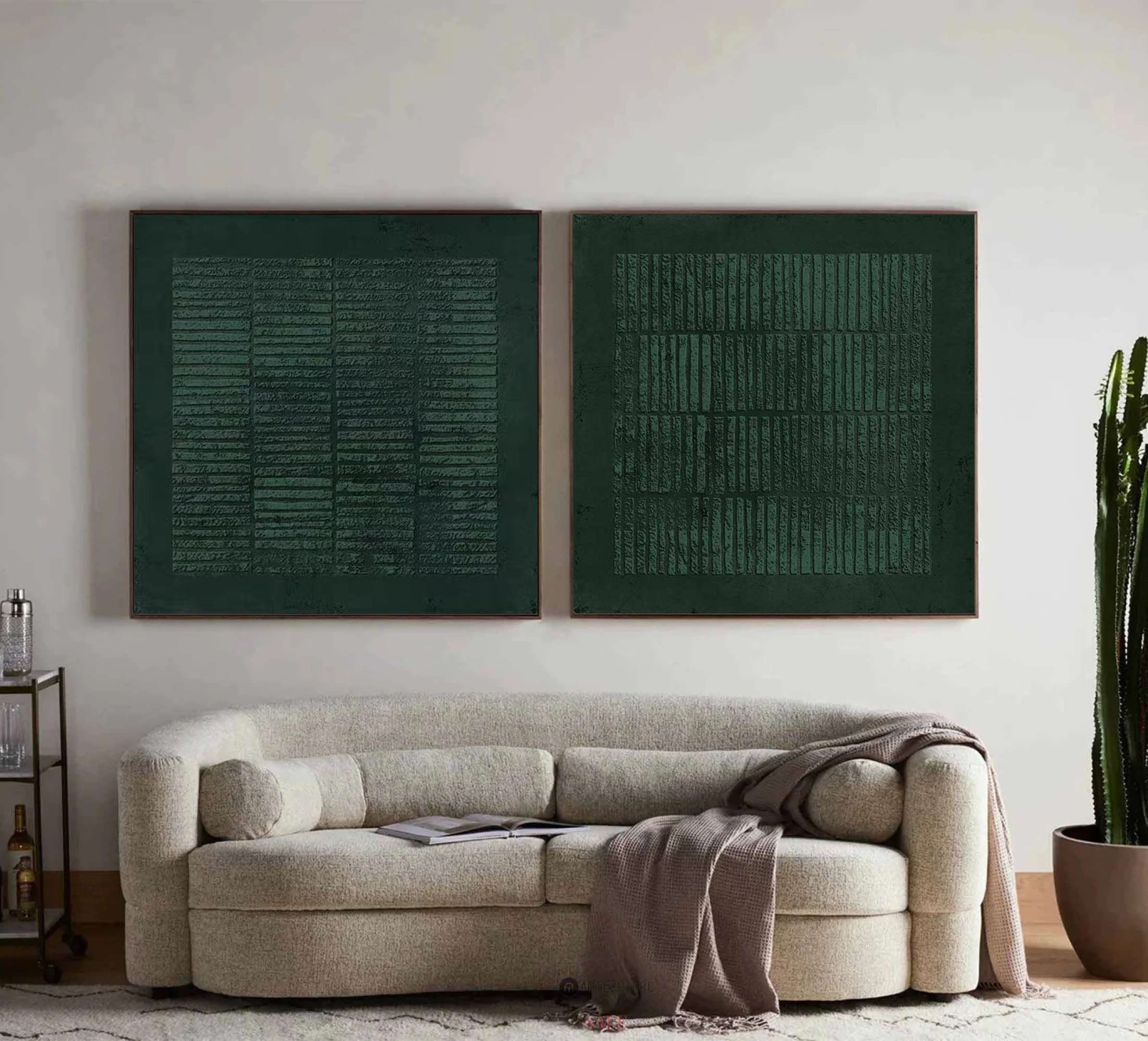 Set of Two Green Textured Canvas Artworks - Modern Minimalist