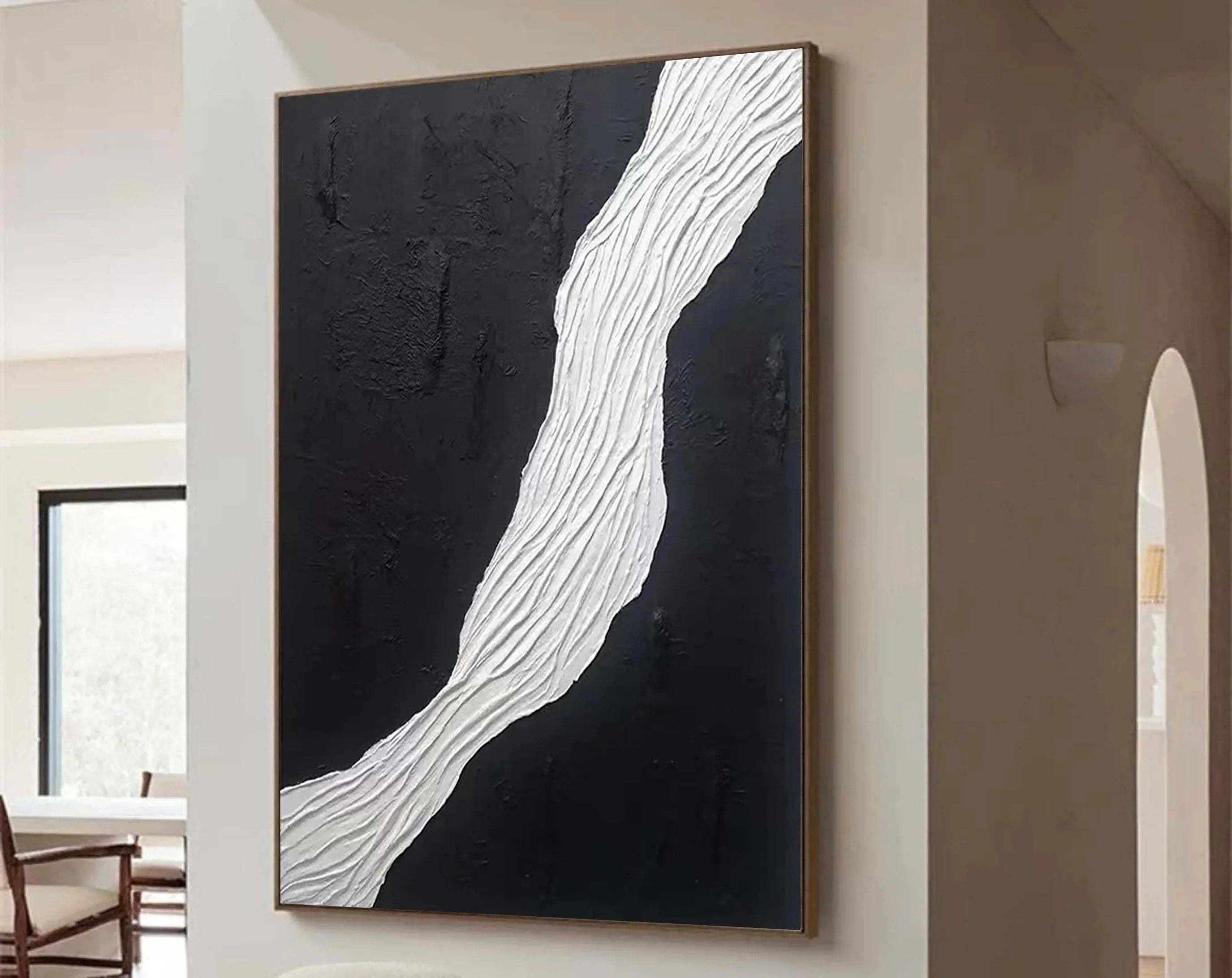 Divided Harmony-Black and White Flowing Abstract Hand-Painted Oil Painting Wall Art - artextured
