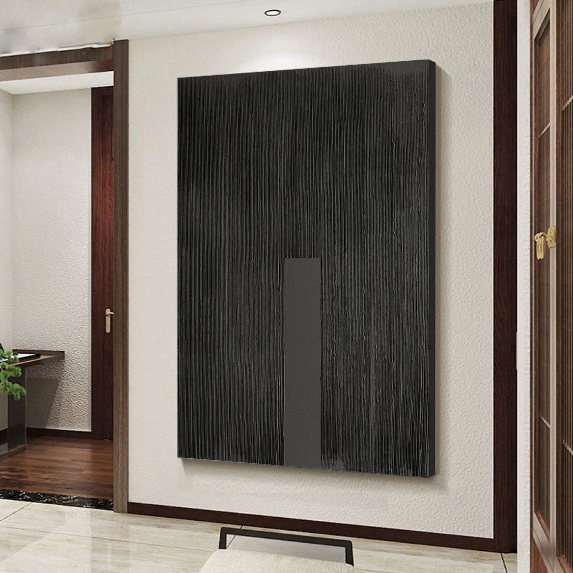 Vert Black Slab Pulse-Linear Minimalist Black Canvas with Vertical Accent - artextured