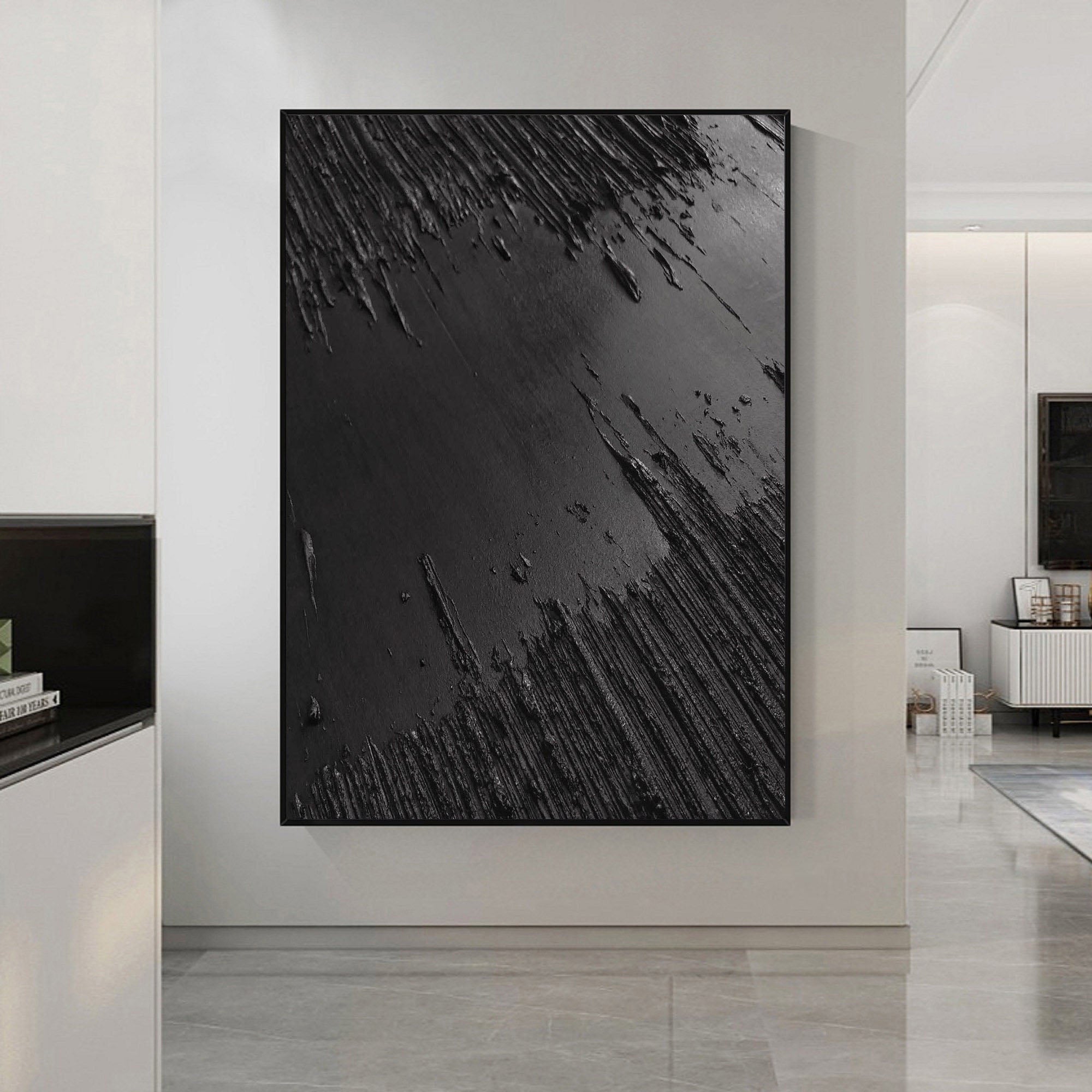 Minimalist Black Textured Canvas Art - Monochrome Abstract Wall Decor