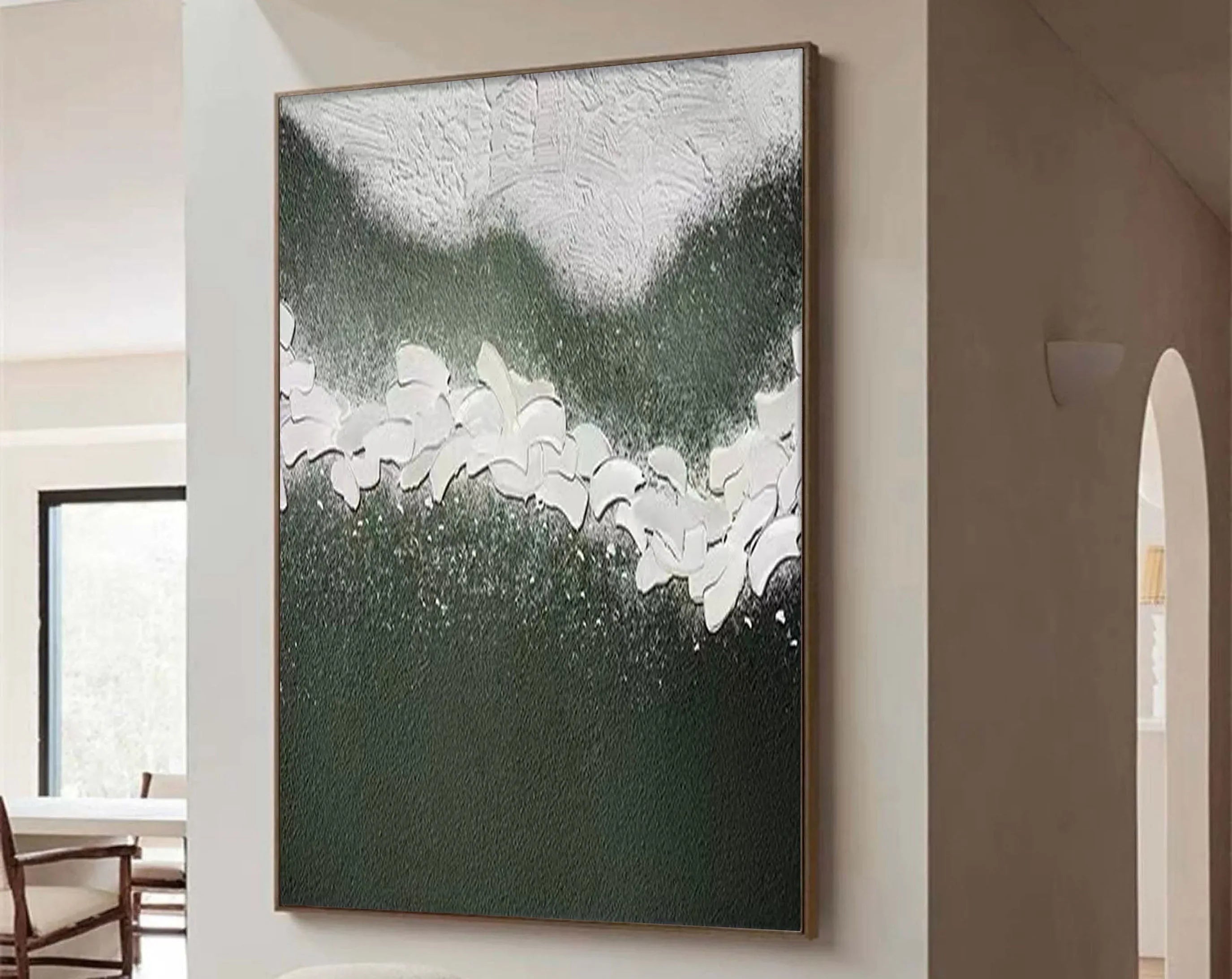 Whispering Blooms-Vertical Green and White Texture Petal Abstract Wall Art - artextured