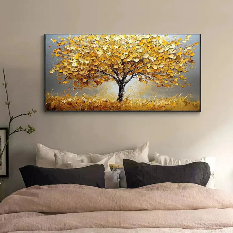 Golden Autumn Textured Oil Painting – 3D Golden Tree Wall Art#AB0519064
