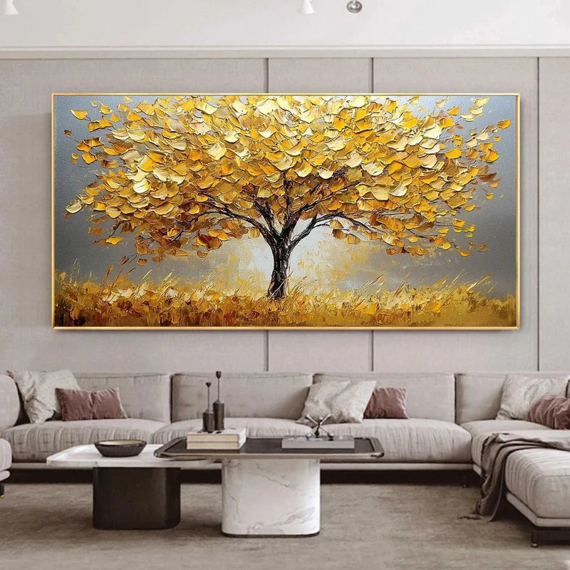 Golden Autumn Textured Oil Painting – 3D Golden Tree Wall Art#AB0519064
