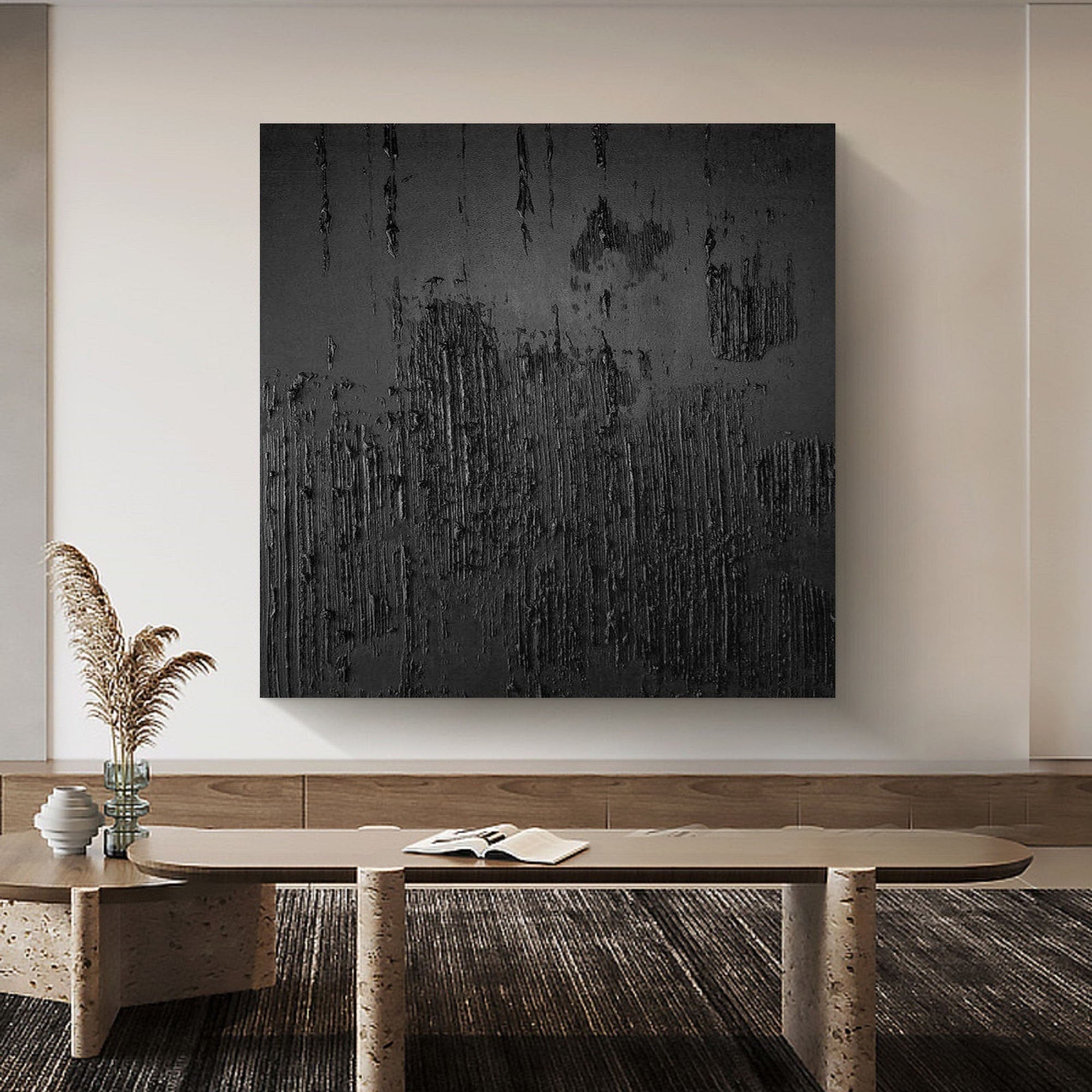 Textured Black Canvas Wall Art - Abstract Minimalist Design