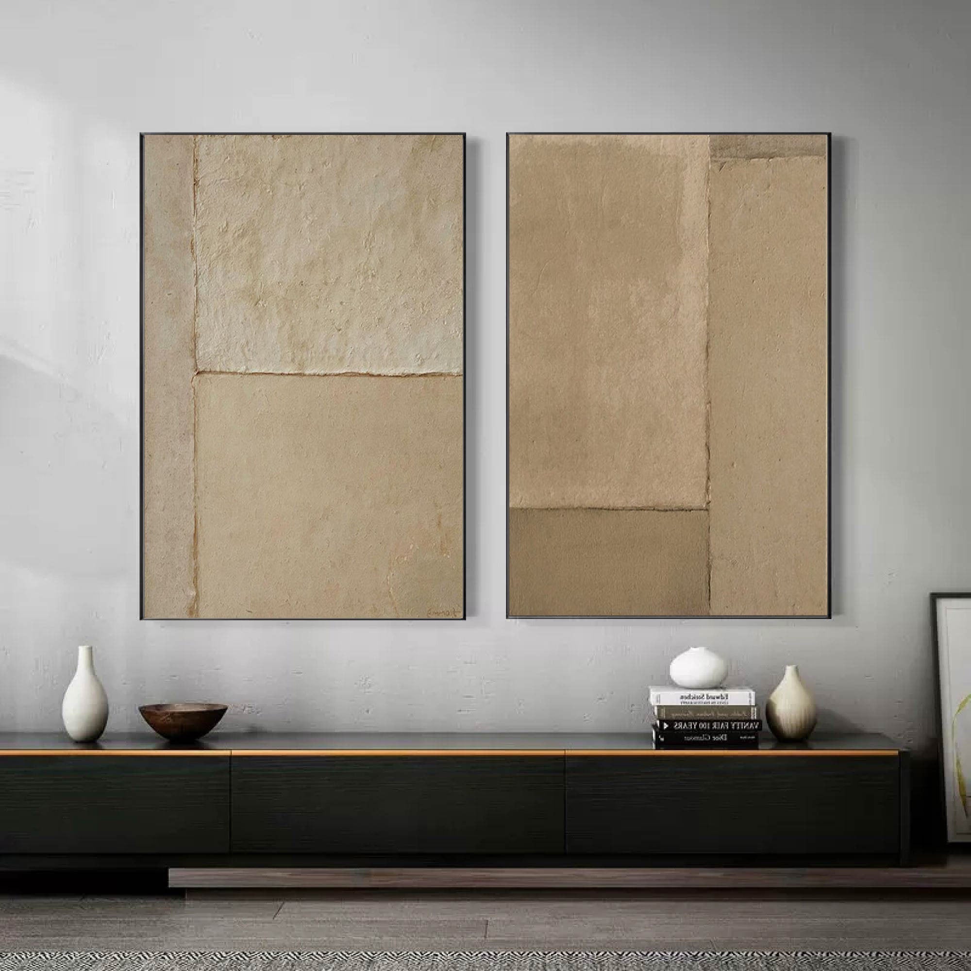 Earthy Simplicity-Brown Geometric Abstract Double Canvas Wall Art for Minimalist Decoration