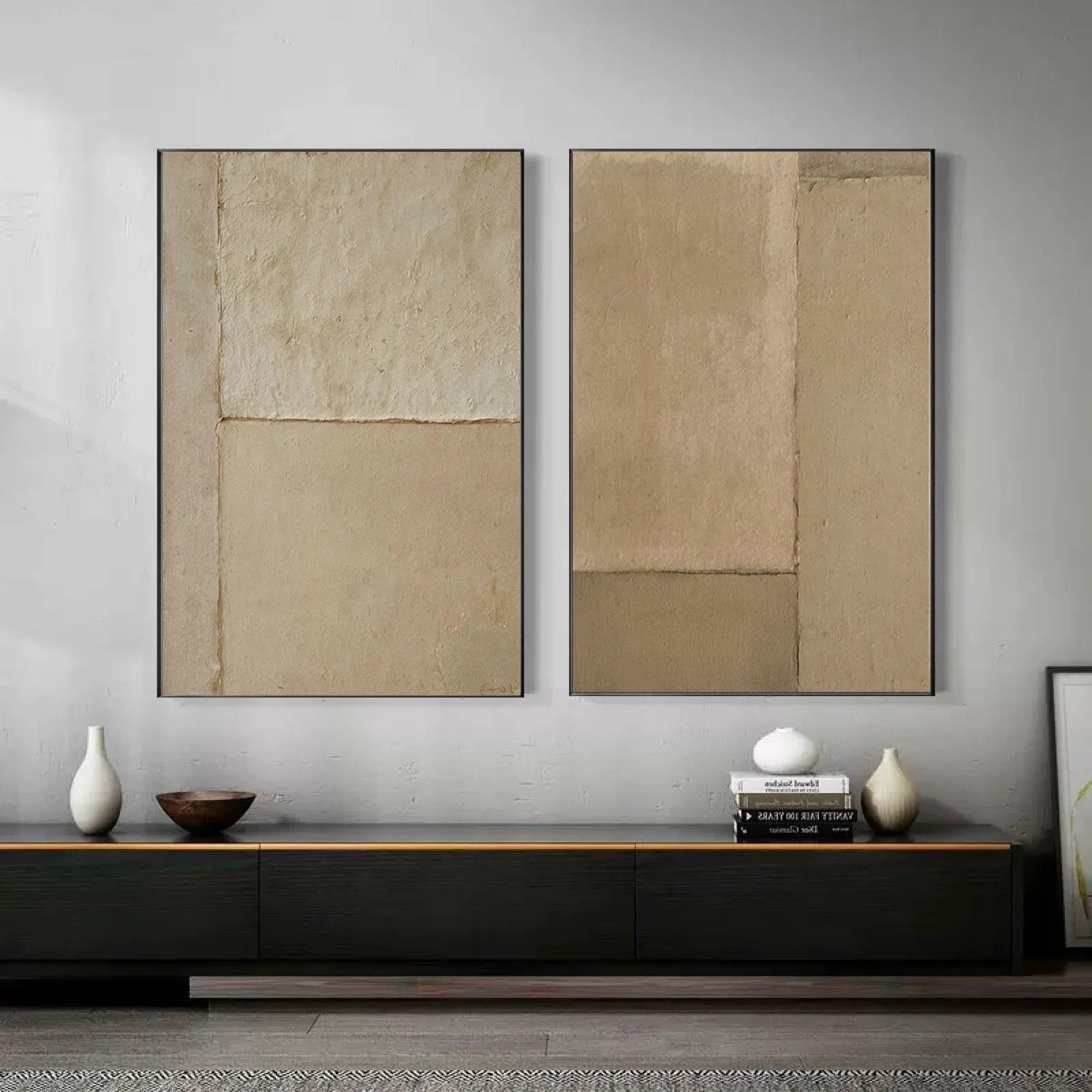 Earthy Simplicity-Brown Geometric Abstract Double Canvas Wall Art for Minimalist Decoration - artextured