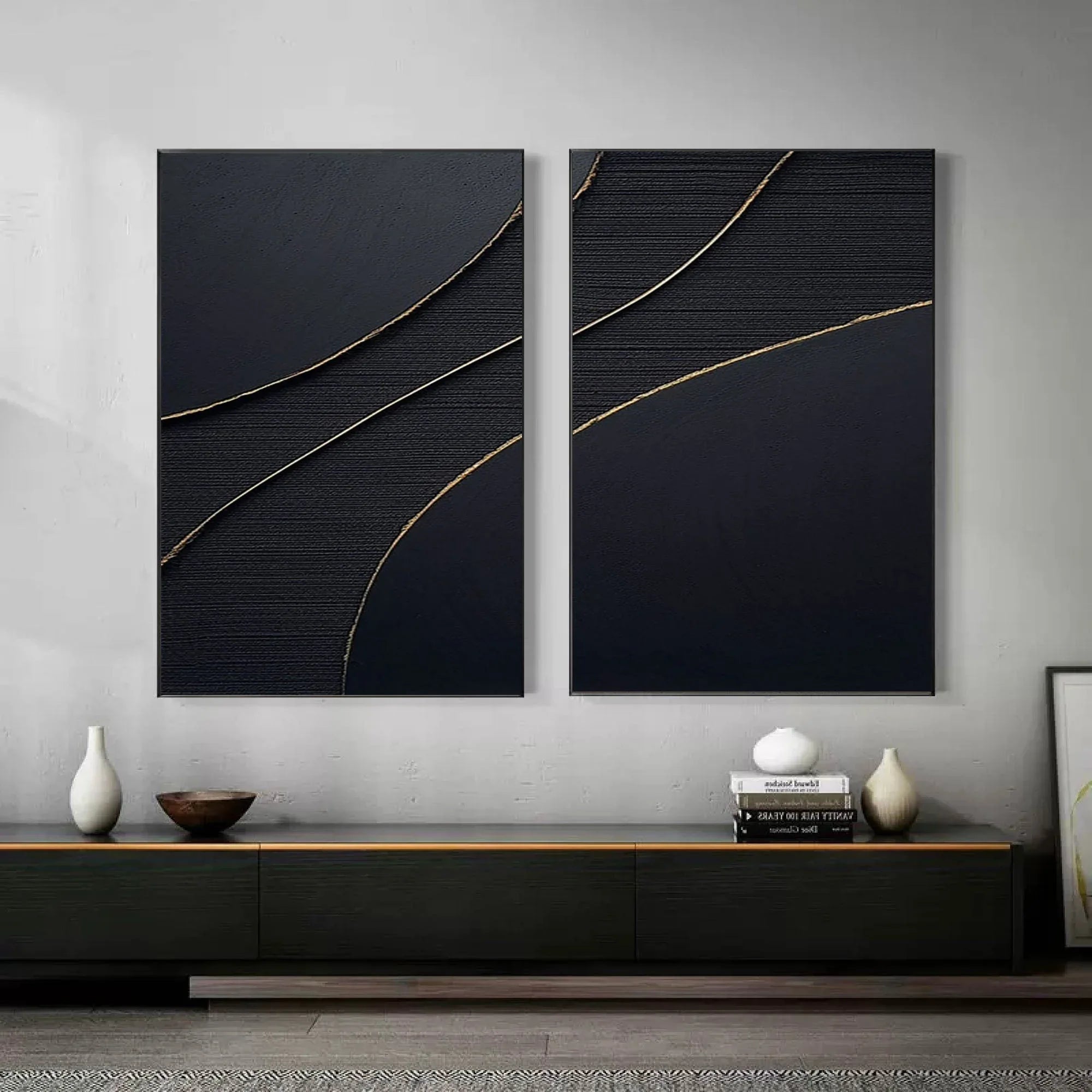 Midnight Elegance SET OF 2-Minimalist Abstract Geometric Texture Wall Art in Modern Interior Decoration - artextured