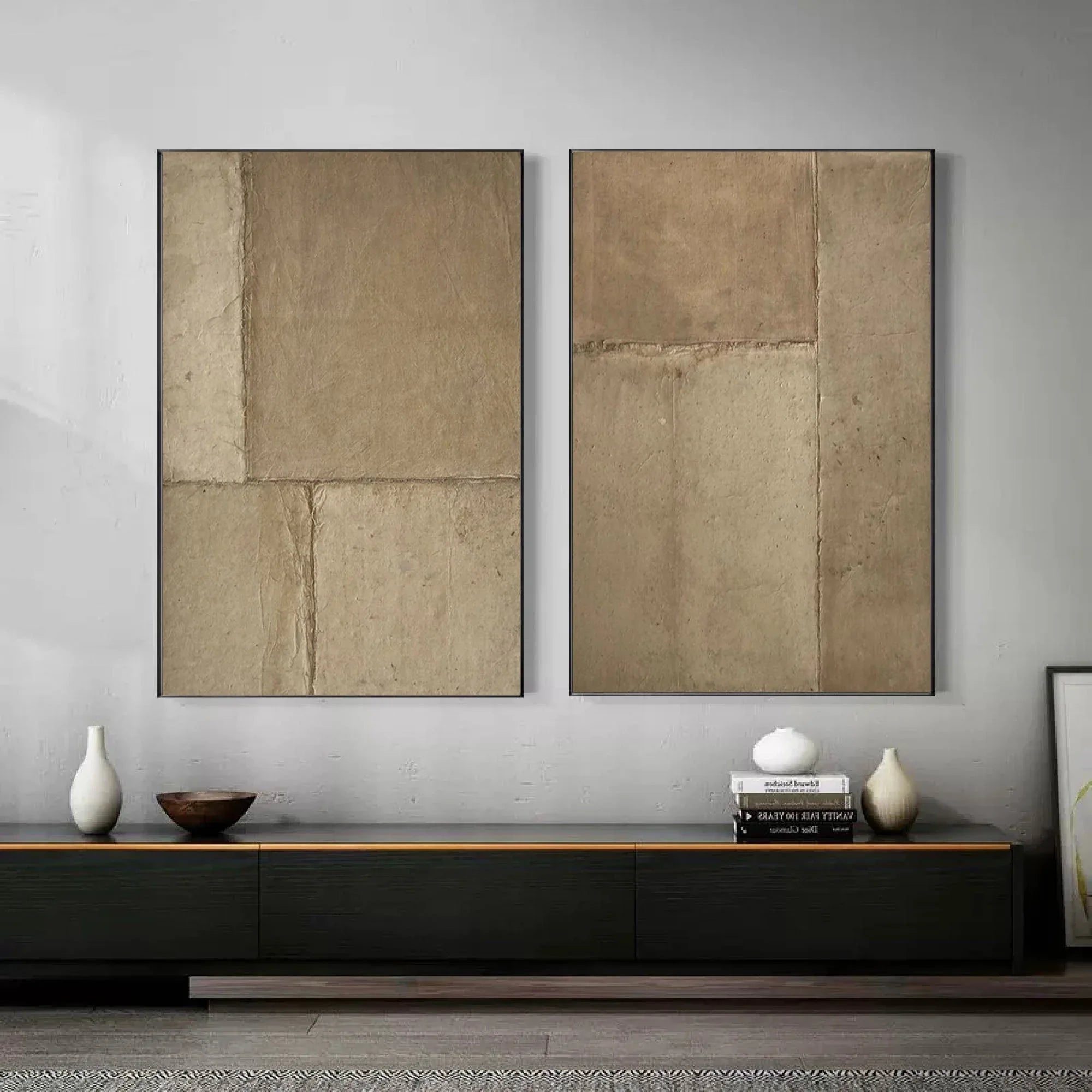 Rustic Harmony-Modern Hand Painted Geometric Light Brown Diptych Abstract Wall Art - artextured