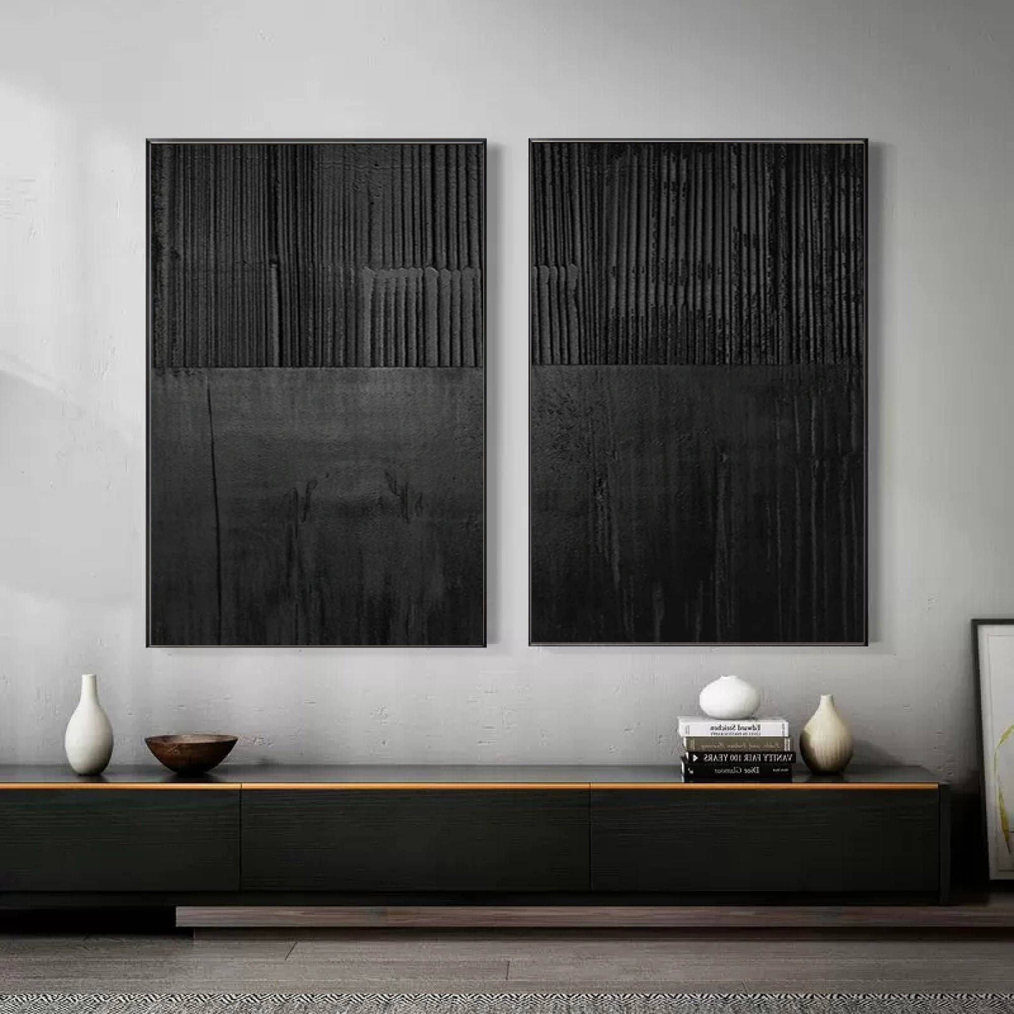 Set of Two Black Textured Abstract Wall Art - Minimalist Design