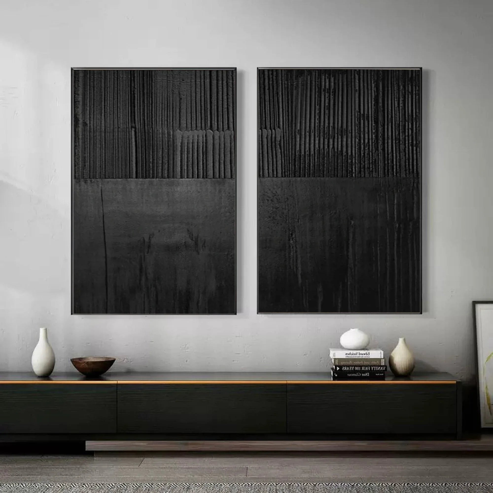 Set of Two Black Textured Abstract Wall Art - Minimalist Design - artextured