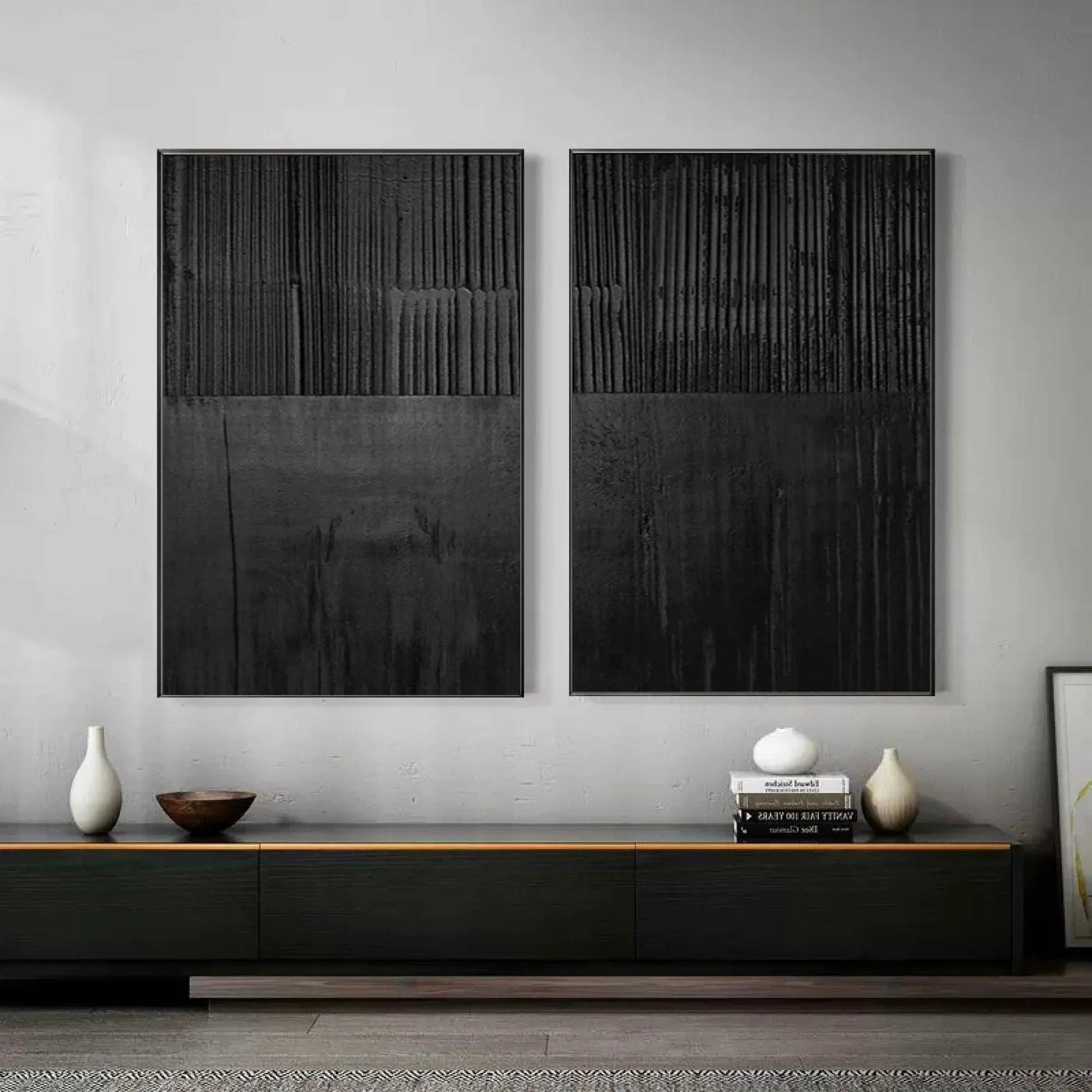 Set of Two Black Textured Abstract Wall Art - Minimalist Design - artextured
