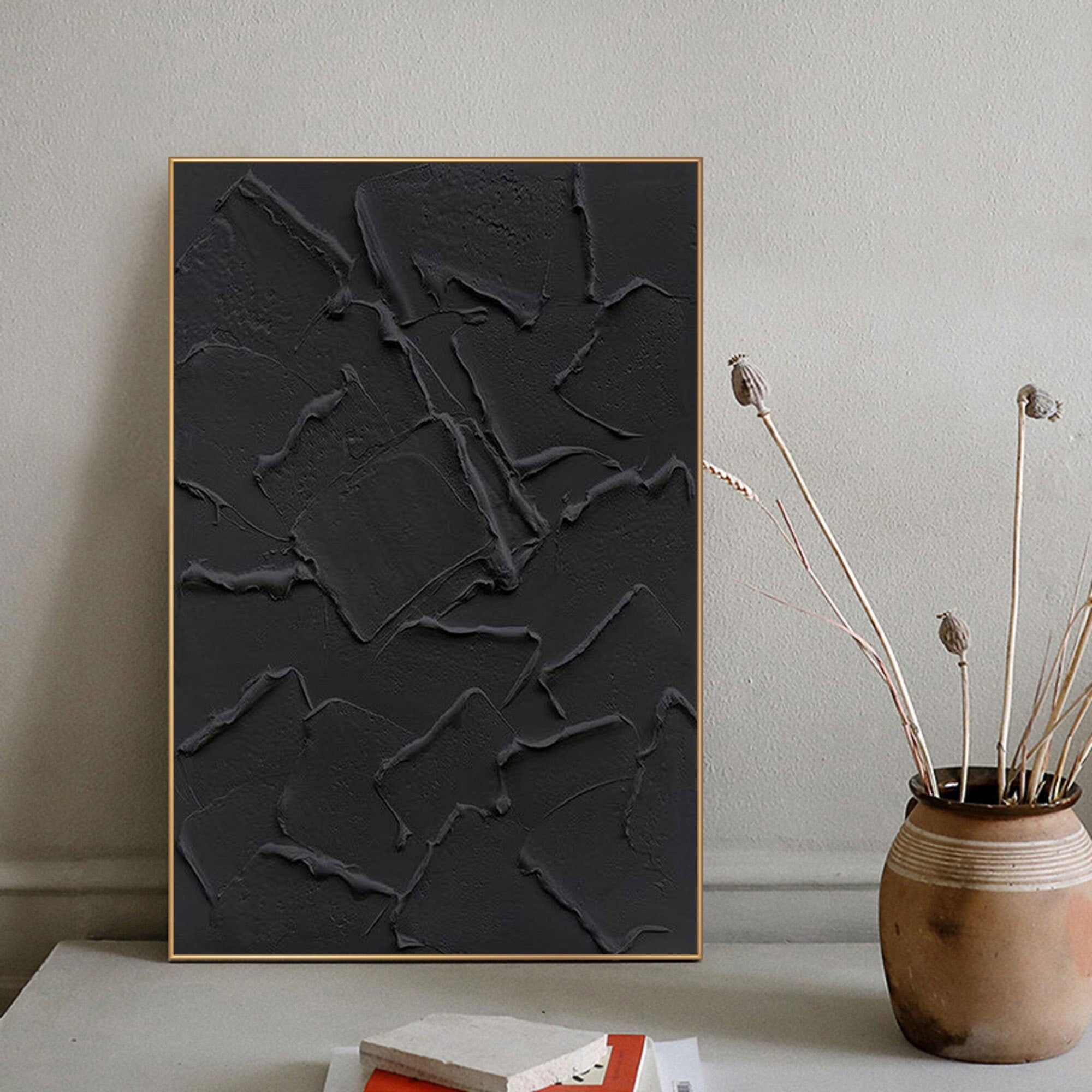 Shadow Layers: Black Textured Abstract Canvas