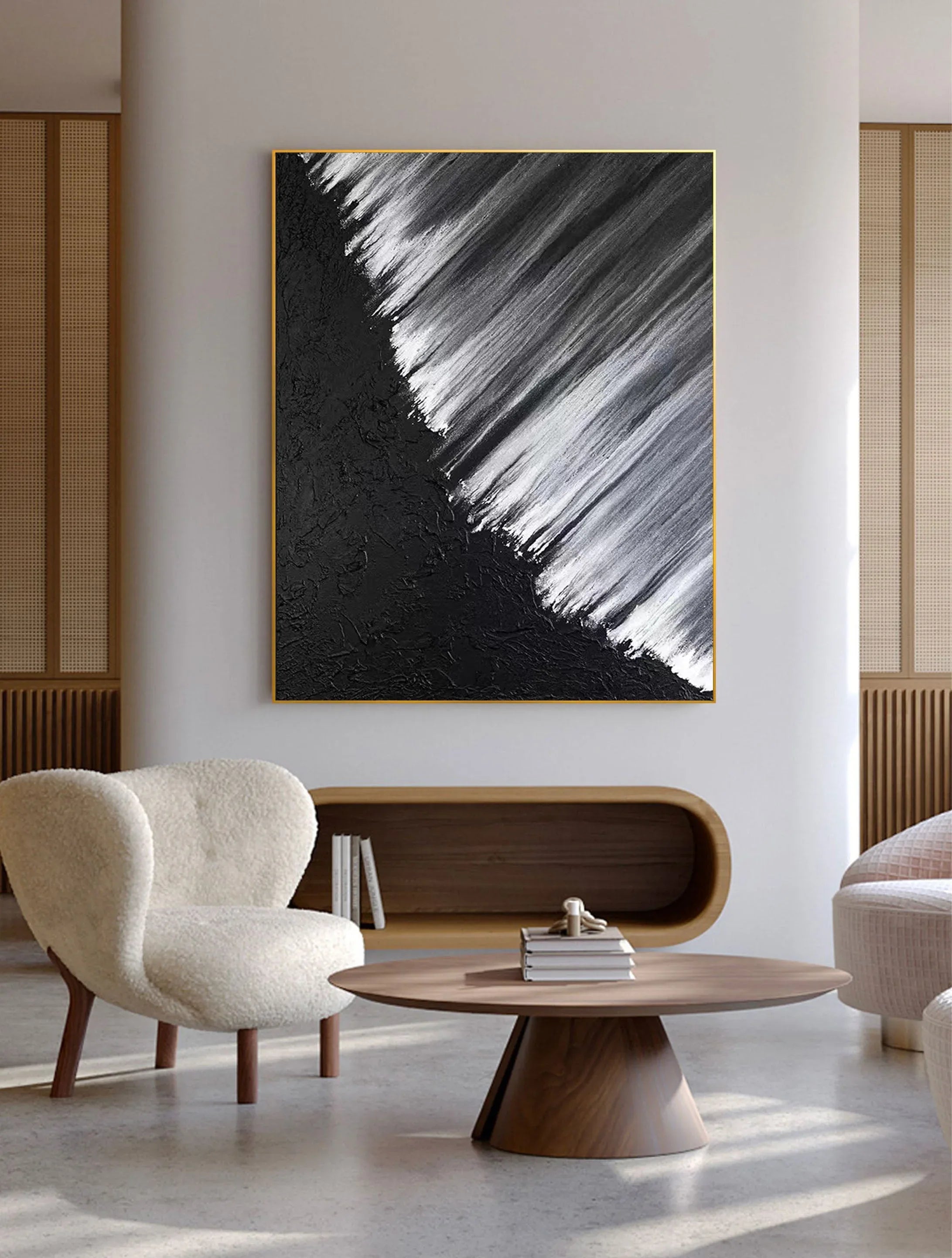 Monochrome Cascade-Hand Drawn Black and White Oblique Texture Abstract Wall Art - artextured