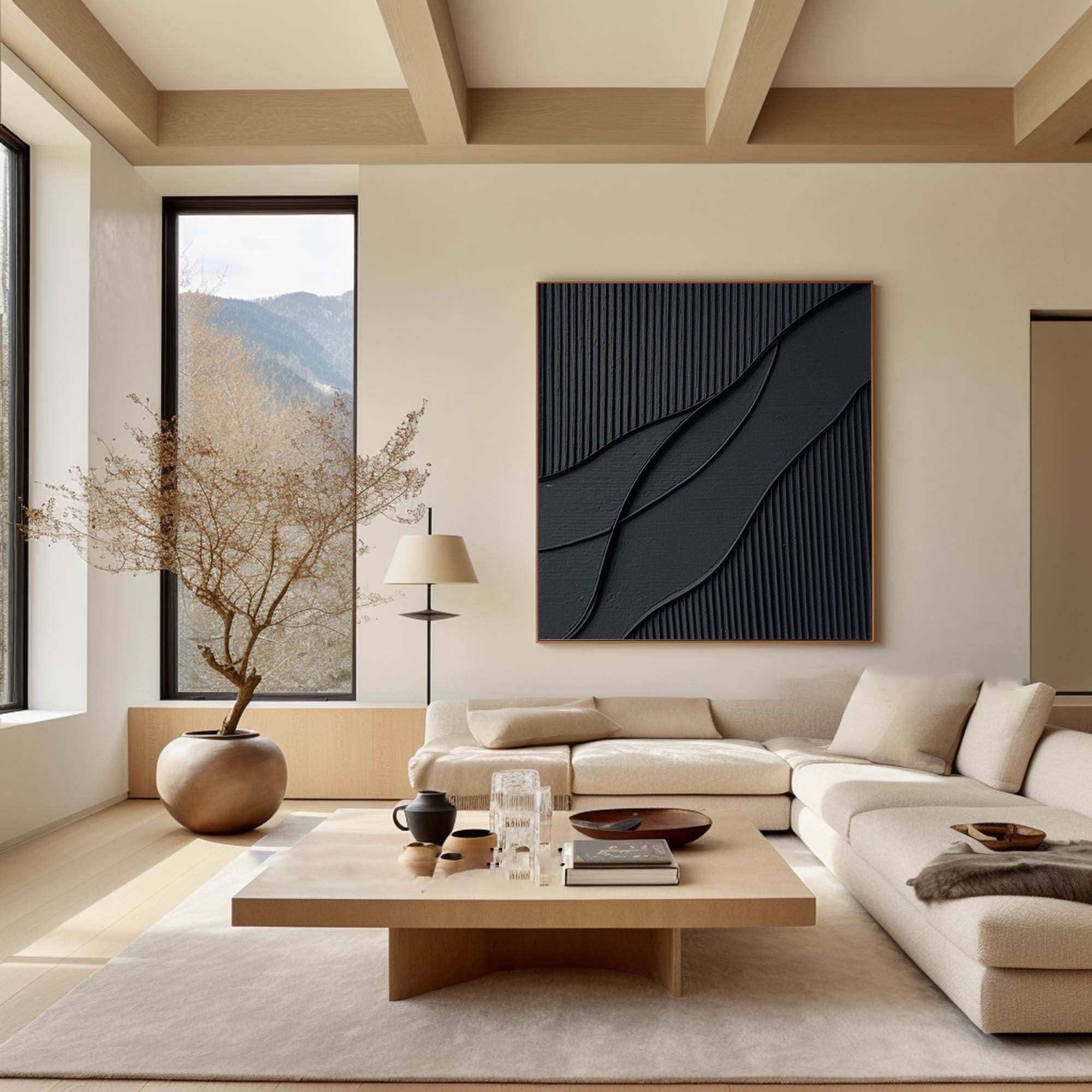 Ripple in Shadow -Black Geometric Curves and Texture Abstract Wall Art