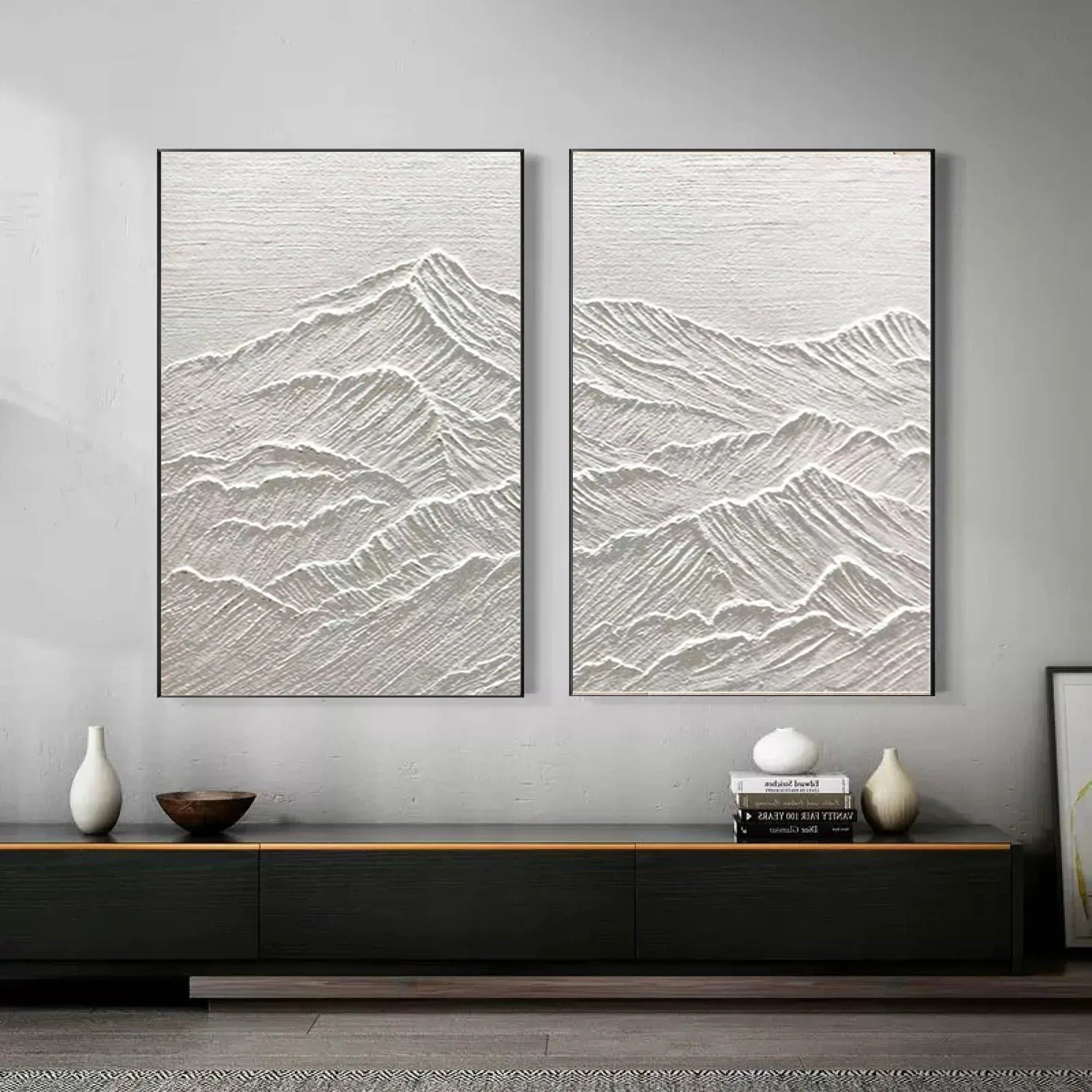 Monochrome Reflections SET OF 2-Handmade Relief Symmetrical Mountain Texture Wall Art - artextured