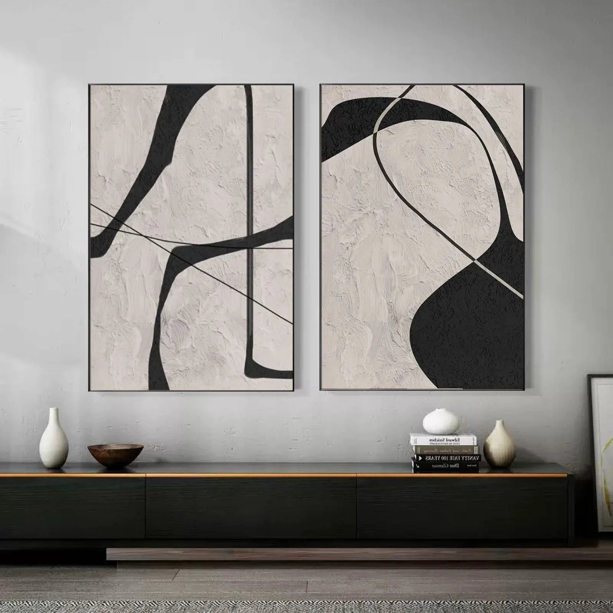 Abstract Monochrome Wall Art SET OF 2– Home Decoration Abstract Texture Lines Oil Painting - artextured