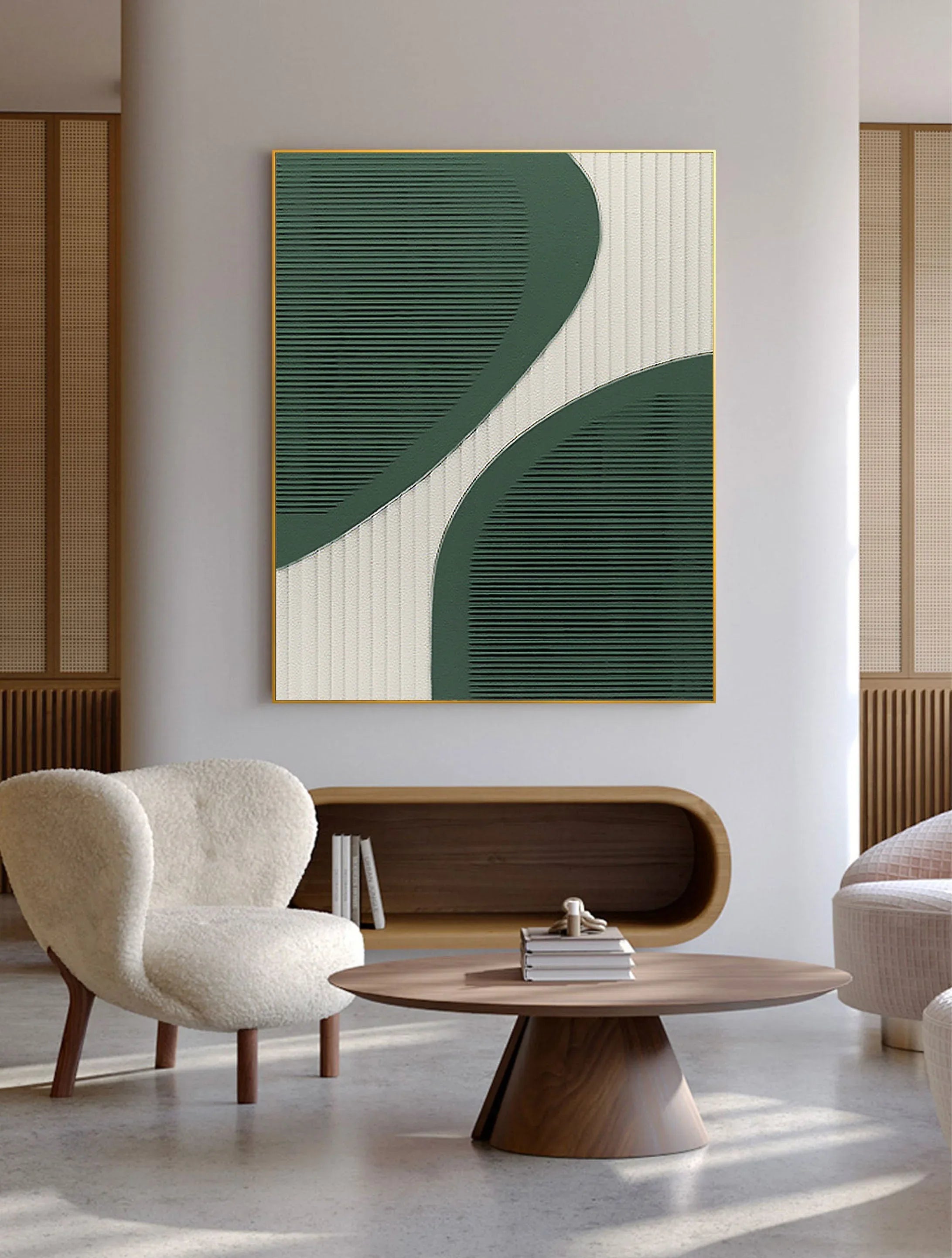 Curved Harmony-Modern Minimalist Green and White Curved Geometric Abstract Wall Art - artextured