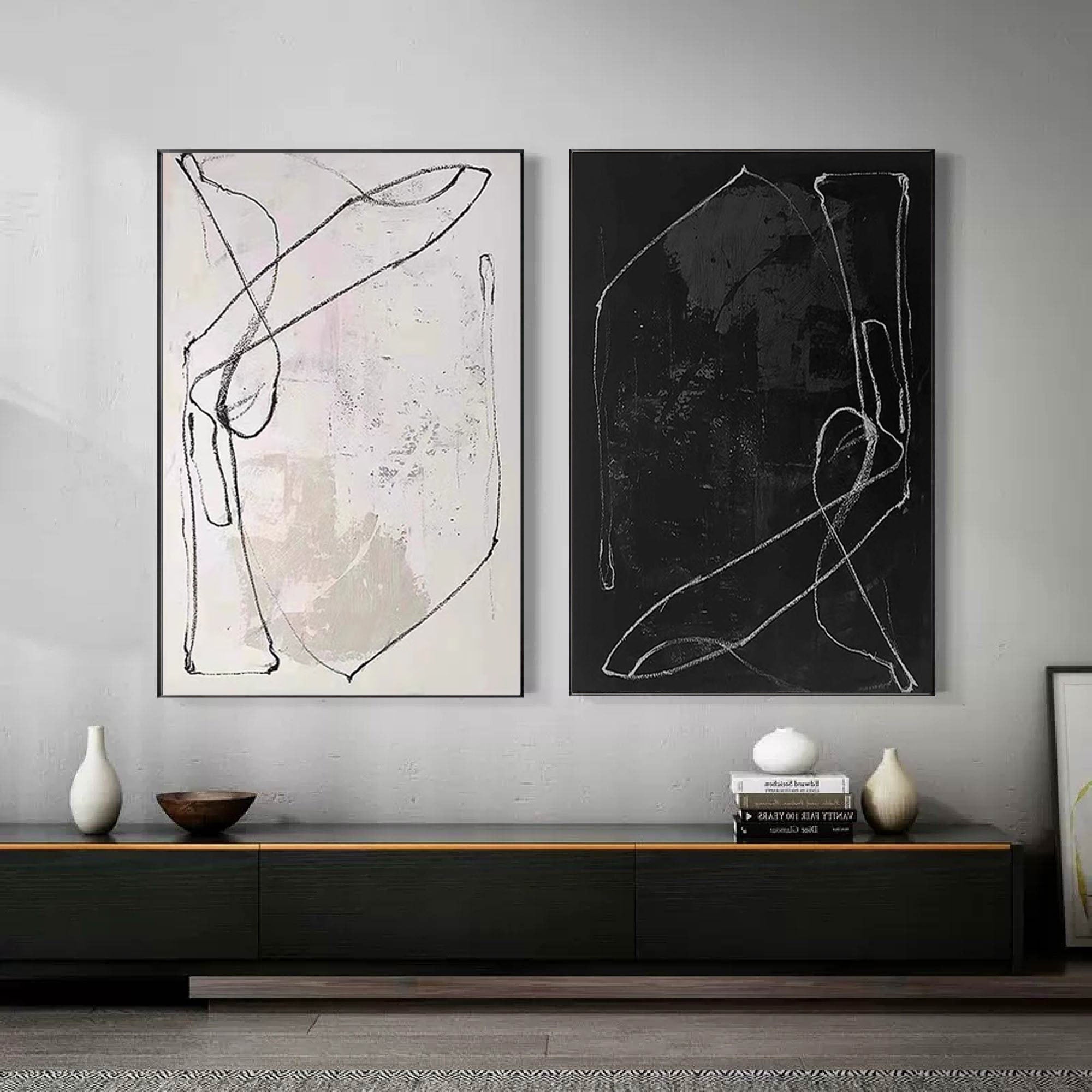 Monochrome Rhythm: Abstract Line Canvas Duo SET OF 2