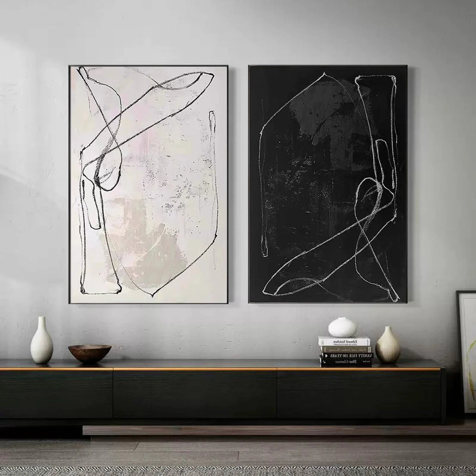 Monochrome Rhythm-Abstract Line Canvas Duo SET OF 2 - artextured