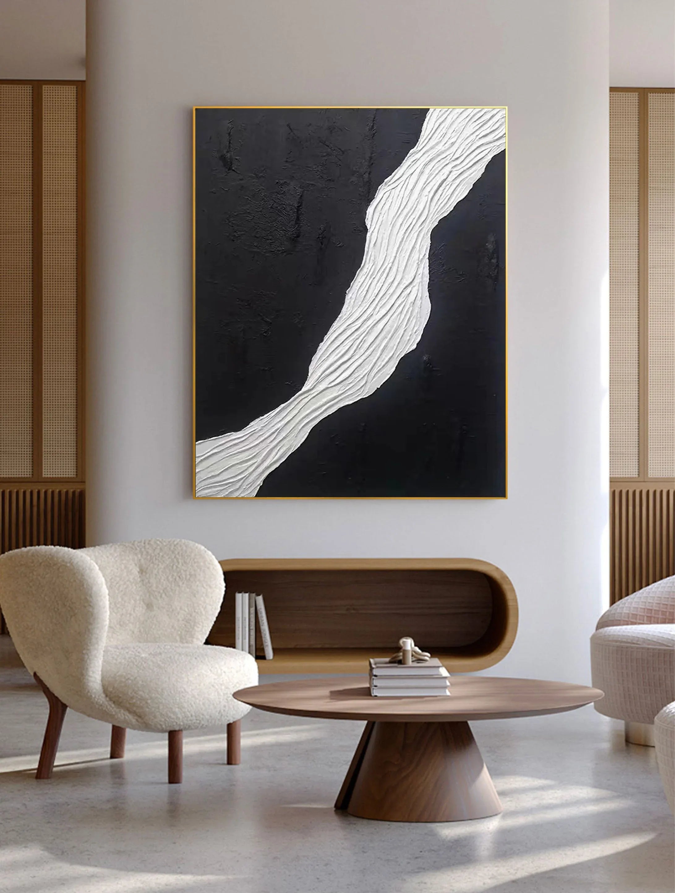 Divided Harmony-Black and White Flowing Abstract Hand-Painted Oil Painting Wall Art - artextured