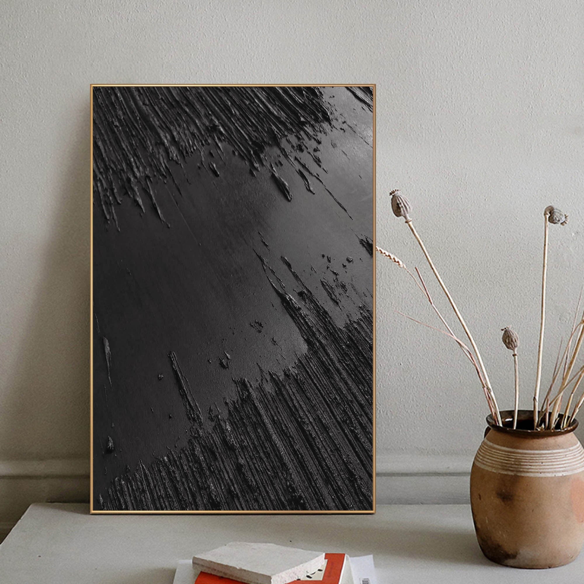 Minimalist Black Textured Canvas Art - Monochrome Abstract Wall Decor