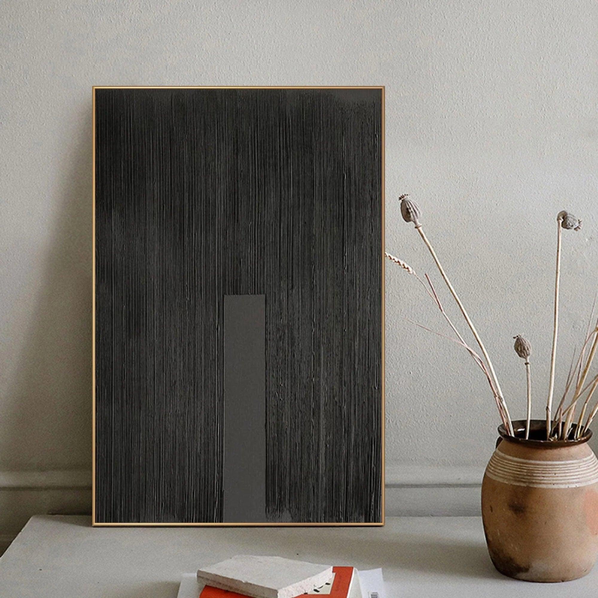 Vert Black Slab Pulse-Linear Minimalist Black Canvas with Vertical Accent - artextured