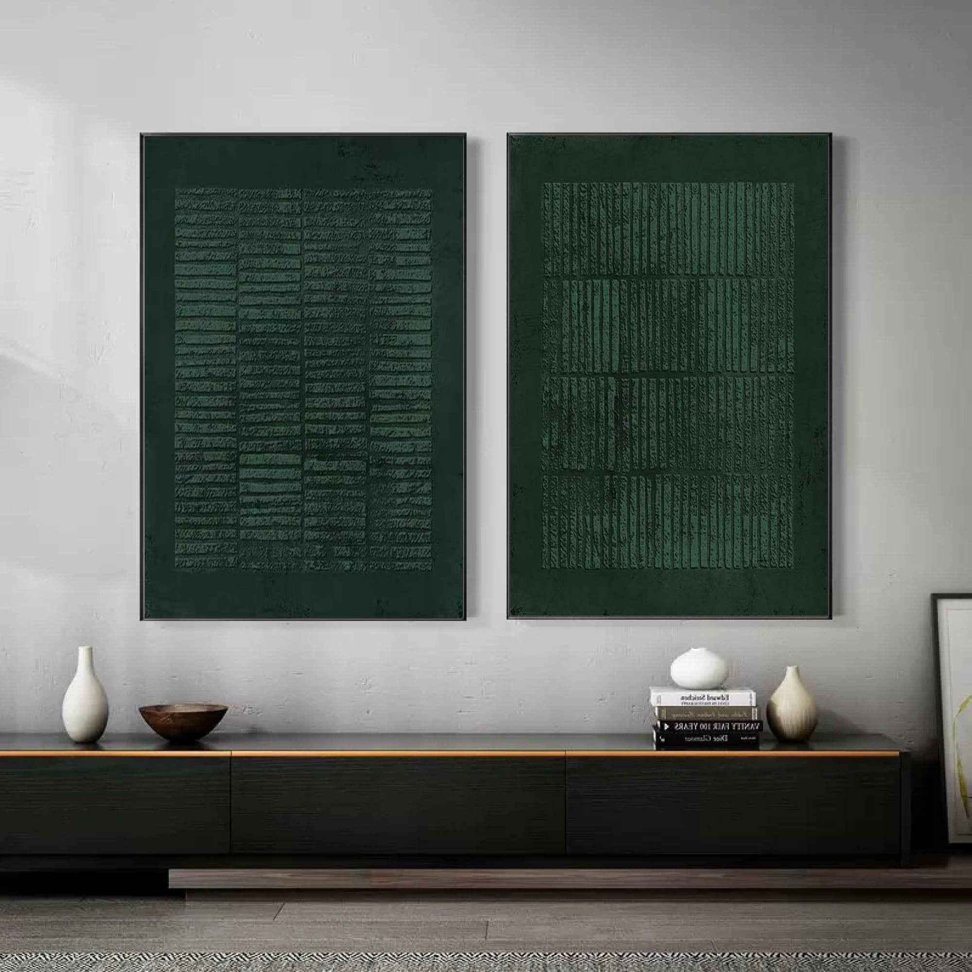 Set of Two Green Textured Canvas Artworks - Modern Minimalist