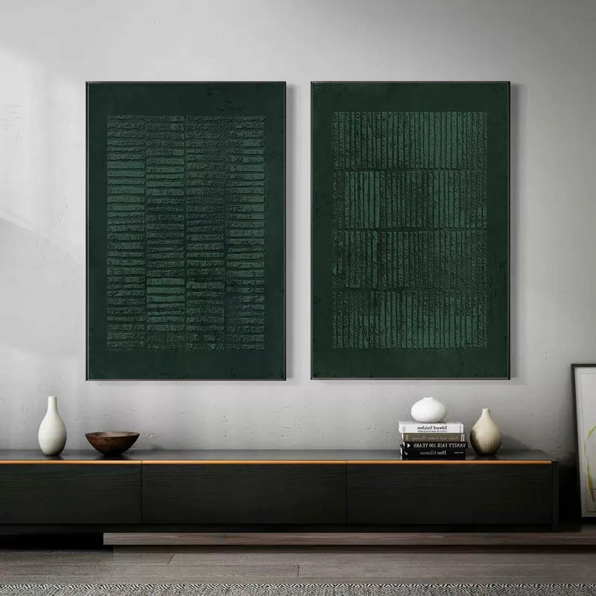 Set of Two Green Textured Canvas Artworks - Modern Minimalist - artextured