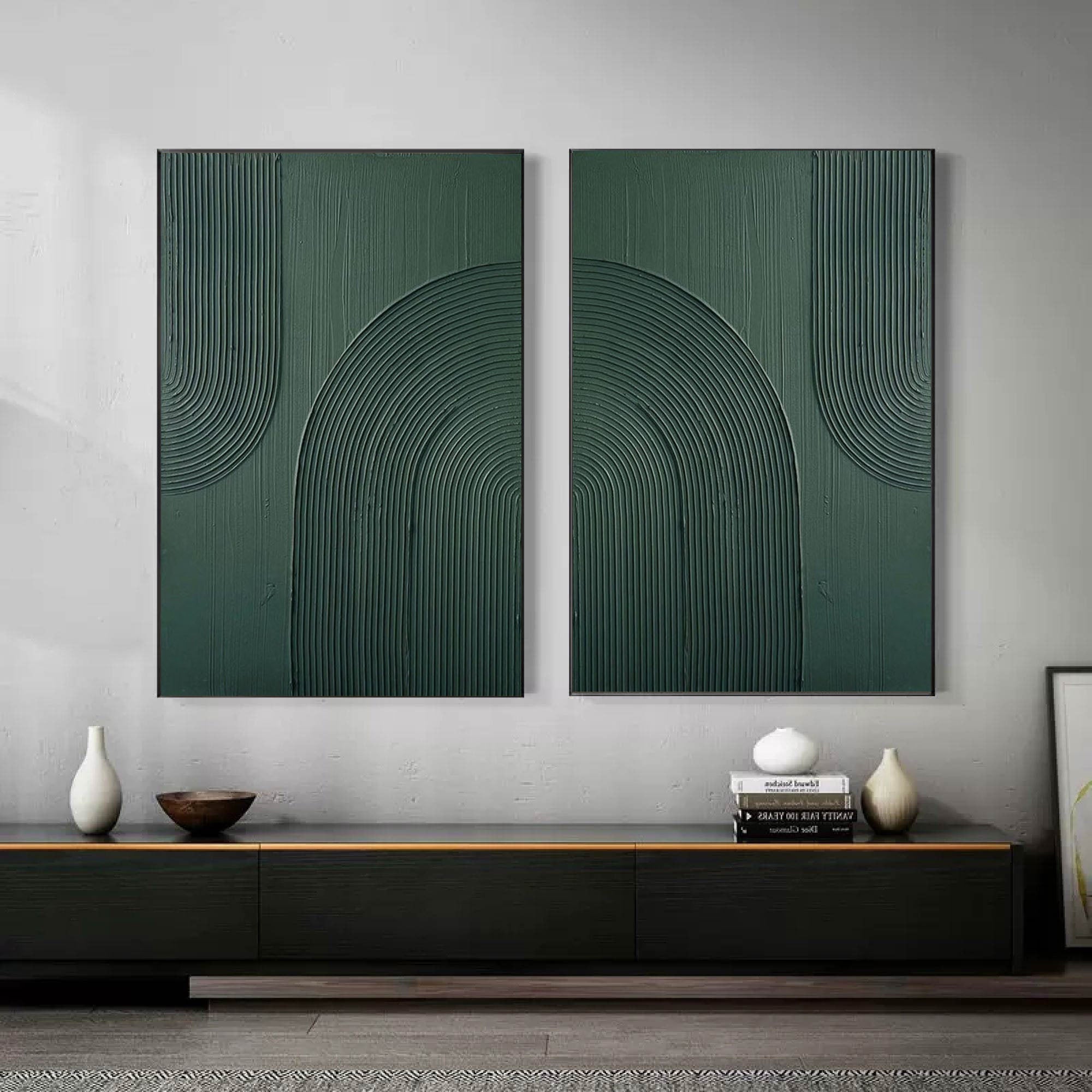 Dark Green Textured Abstract Canvas Art - Set of 2