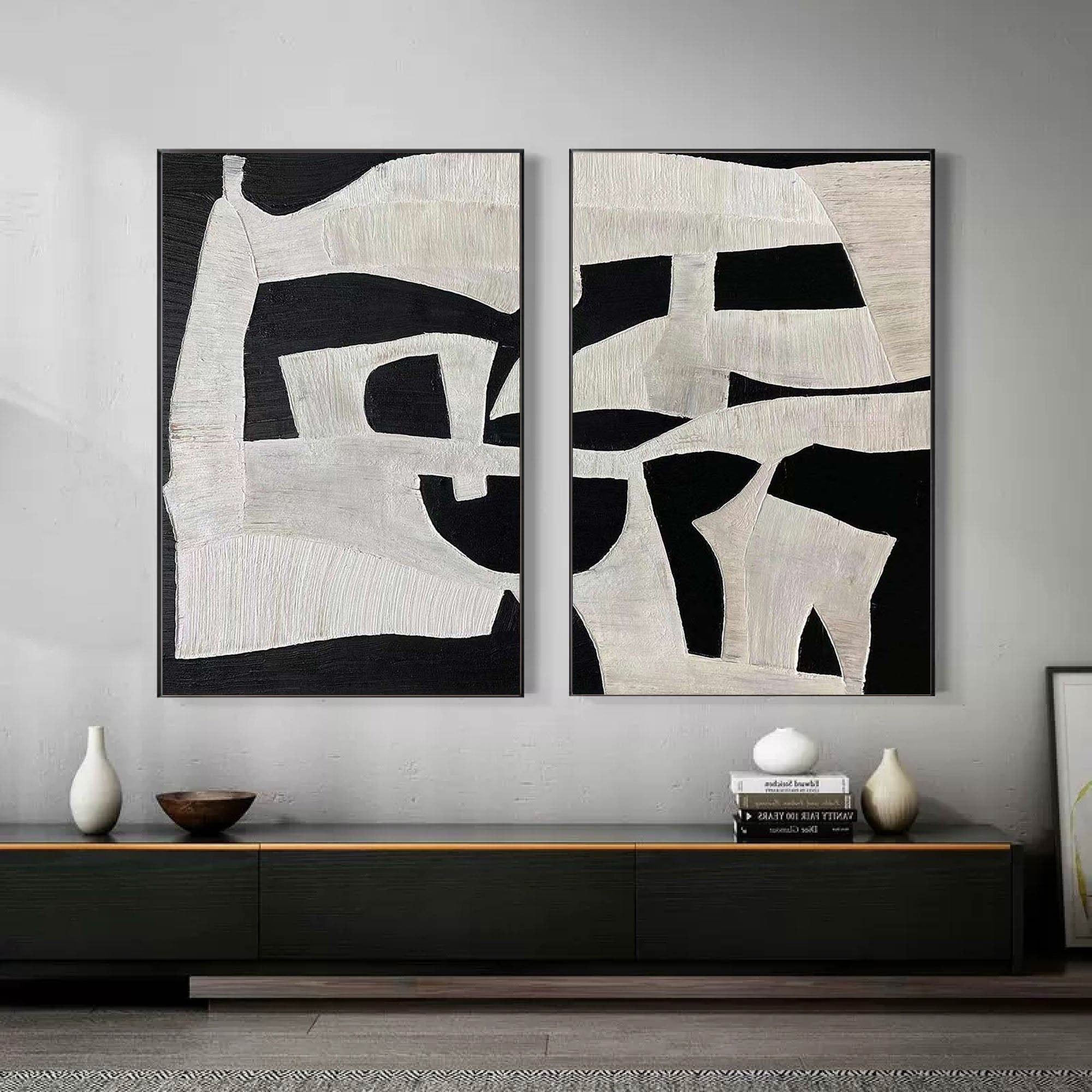 Modern Black and White Abstract Textured Canvas Art - Set of 2