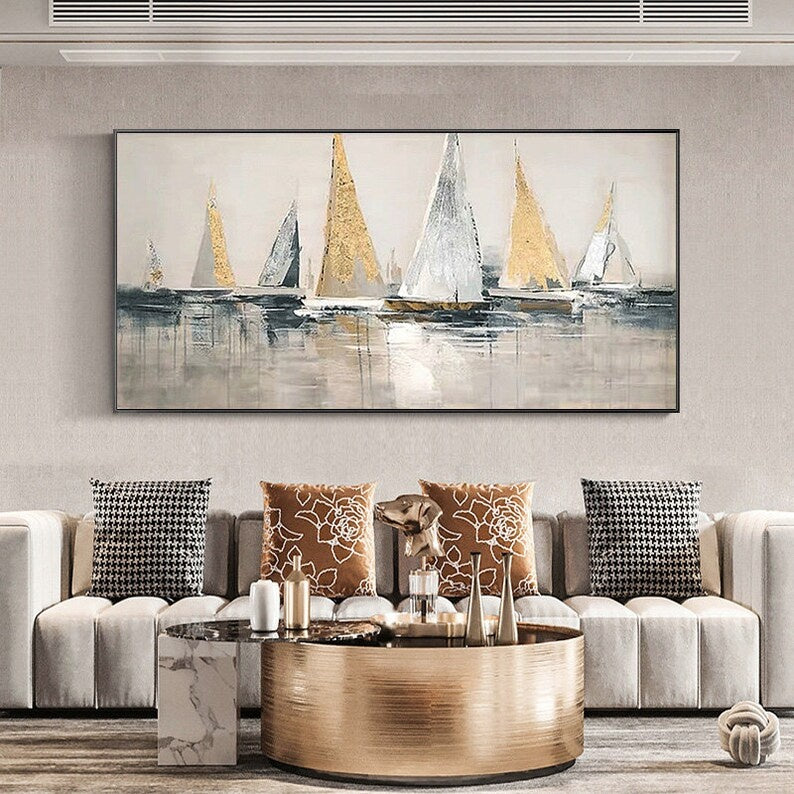 Golden Sails – Textured Abstract Sailboat Canvas Wall Art