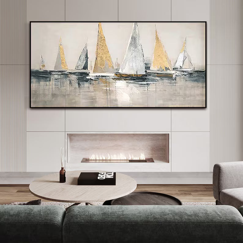 Golden Sails – Textured Abstract Sailboat Canvas Wall Art