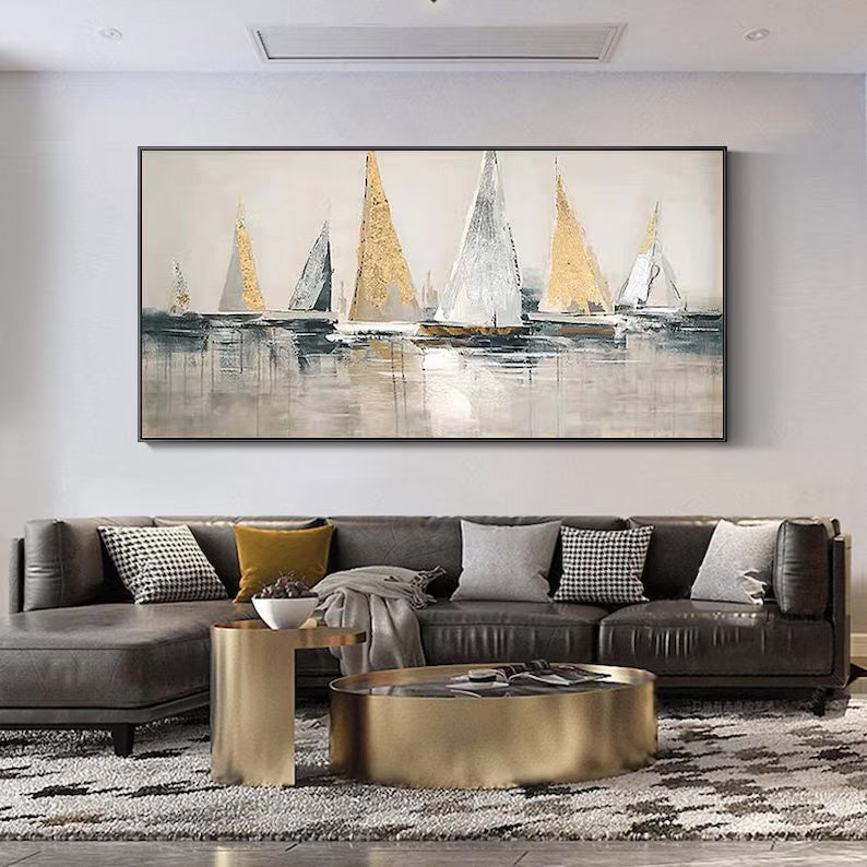Golden Sails – Textured Abstract Sailboat Canvas Wall Art