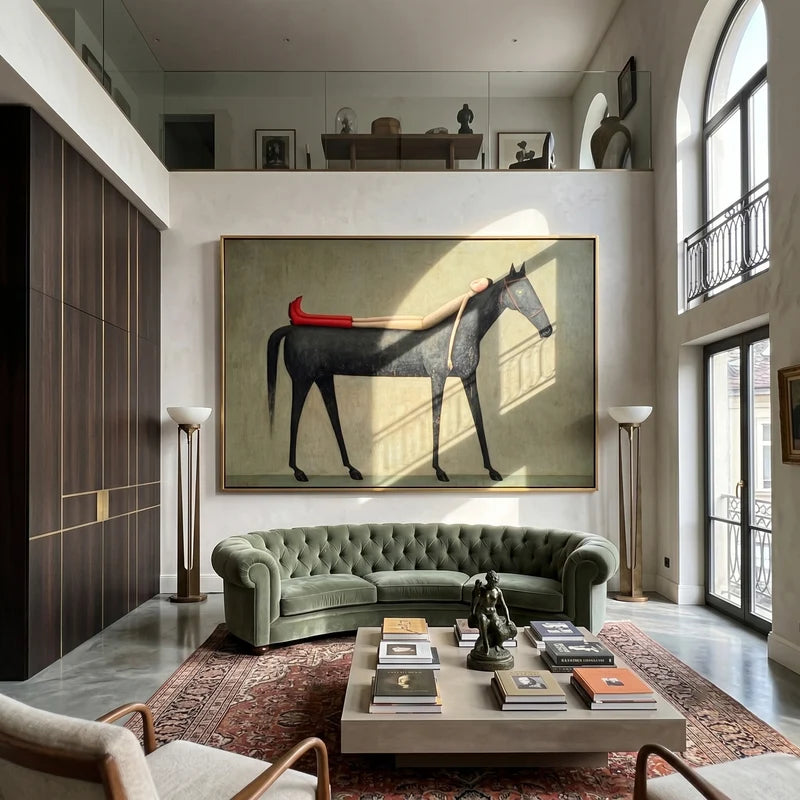 Dream Rider Black Horse Wall Art – Surreal Figurative Painting#yy825001